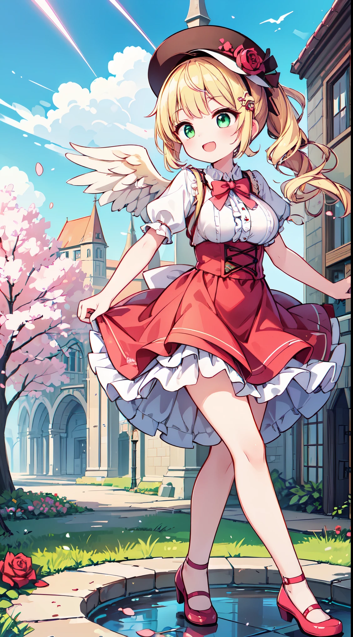 (super fine illustration:1.2),(masterpiece, 8k), (best quality, high quality:1.4), perfect anatomy, hyper detailed, ultra detailed,masterpiece background,beautiful detailed background, v8k wallpaper,perfect design,award-winning art,atmospheric,
BREAK, 1 beautiful girl, girl, (cute:1.5),(Little:0.5),(cute:2.0),(change:2.0),(12 year old girl),(big breasts:1.65),(chin hair,blonde,blue bow,green eyes,Eyebrows visible through the hair,side lock,long hair with bangs parted, hair flower, hair ornaments, big ribbon in hair, curly hair, ponytail:1.6),:he, white feathers, one thin white wing, Ang he wings, spread your wings, shining wings),pit \black},glowing skin, beautiful skin, Shining beautiful skin, open your mouth, bashful smile, alone, tooth, upper teeth,(long eyheashes, double eyheids:1.2),alone, glowing skin, beautiful skin, Shining beautiful skin,(highest quality face),(highest quality shining eyes,
BREAK
red_rose,rose,flower,red_flower,strawberry,1girl,pink_rose,fruit,castle,tree,long_hair,apple,cloud,sky,solo,bush,dress,pink_dress,pink_flower,cake,garden,day,food,outdoors,frills,building,hat,fountain,house,potted_plant,bouquet,pink_footwear,bridge,petticoat,plant,hat_flower,rose_petals,cloudy_sky,bow,blue_sky,shoes,grass,petals,tower,city,mountain,looking_at_viewer,aqua_eyes,bird,strawberry_shortcake,puffy_sleeves,table,frilled_dress,lamppost,
BREAK,wakame,wakame,wakame,(dynamic pose,from front:1.5) ,
BREAK,(Blurry background:1.3),(absurderes, hight resolution, Super Detail Art),cel shading,Clear Color, Lonely optical effect, Beautiful pictures, Bright glow, mystic atmosphere,(Close-up of girl:1.1), Mystical light particle effect,manga influence, clean line drawings,