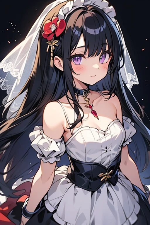 anime style, Rendering of anime girls, realistic young anime girl, Smooth anime CG art, smile, cute, purple eyes, small breasts, tall, Long straight hair、slanted eyes, wedding veil、Wedding dress, aldult, black hair