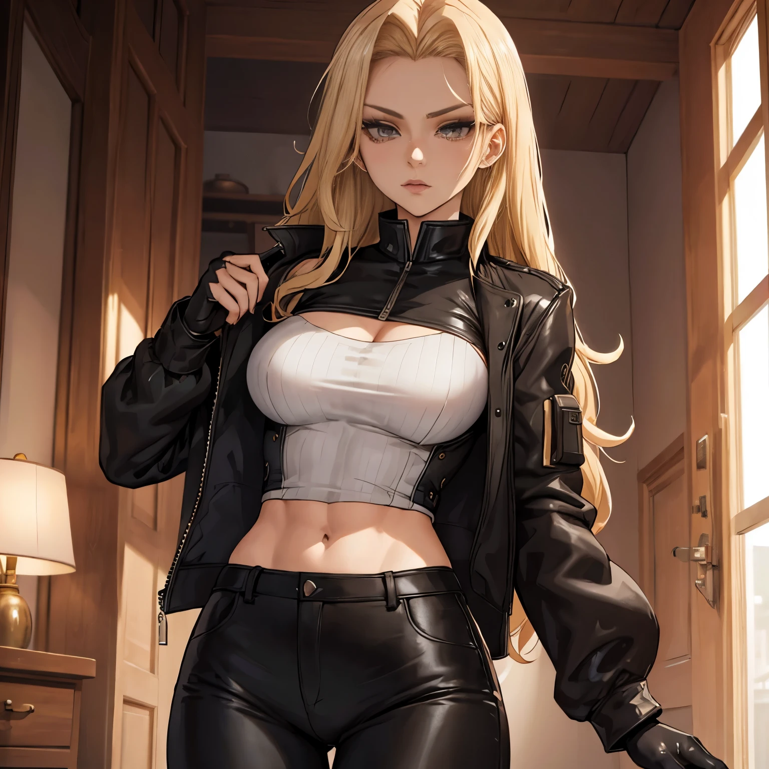 A beautiful woman, anime style, long blonde hair, gray eyes, muscular, wearing a closed black jacket, black leather gloves, black pants
