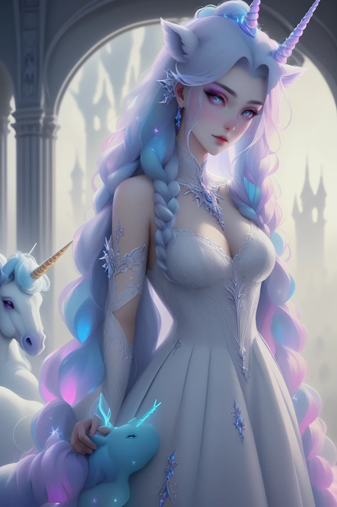 {-erro_de_anatomia:1.0} There is a white unicorn girl, blue mane and long mane, white unicorn, unicorn, unicorn horns, A unicorn, celestia, Nine stories, blue unicorn, soft dreamy, cinematic light《fangs》Unicorn in, mythological creatures, a mythical creature, Pokémon illustration, unicorns, a glaceon princess, Auroracore, ghostly iridescent, image good for rendering, laying in the bed, unicorn girl, full body.