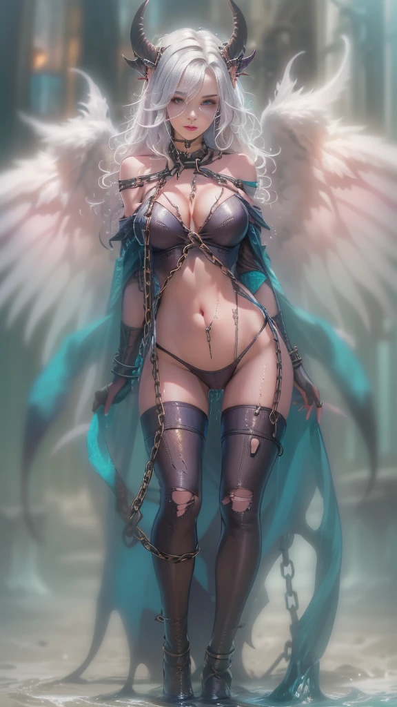 (RAW shooting:1.5, realistic:1.5, fractal art:1.5, 8K), (highest quality, masterpiece, ultra high resolution), Castle of the Demon World, ((perfect dynamic composition:1.7)), Highly detailed skin and facial textures:1.3, Detail of limbs, 1 girl, (Cute sexy succubus demon with big wings:1.3, beautiful and aesthetic:1.3, Wearing detailed body jewelry:1.3), prisoner of war, slave, Horn, Fair skin, open your legs, colorful, (Correctly wear heavily torn clothes off-shoulder:1.3), Huge breasts that are about to burst, Do not show areola, big chest gap, (The expression on your face when you feel intense caress, Facial expression when feeling pleasure, A look drowning in pleasure, Are crying), beautiful blue eyes, Eyes that feel beautiful eros, sexy face, blush, (Too erotic and cute:0.9, Bewitching:0.9), ((torture:1.5, Lots of chains:1.8, countless chains tangled in clothes:1.8, chain the right arm:1.2, chain the left arm:1.2, Bind the right leg with shackles and chains:1.2, Bind the left leg with shackles and chains:1.2)), (((An incomprehensible amount of liquid flows throughout the body:1.5))), super long blonde curly hair, View from the knee up