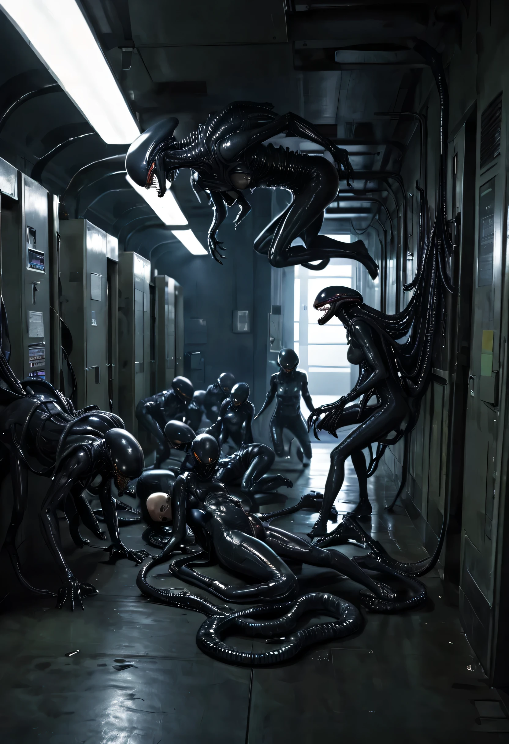 Many sexy women are cocooned in a slimy hard xenomorph nest, the women struggle futilely against their bindings, set in a hi-tech factory hallway, the xenomorph is barely visible, lurking in the shadows further down the hall, reference movie Alien 2, science fiction, hyper realistic, horror, best quality