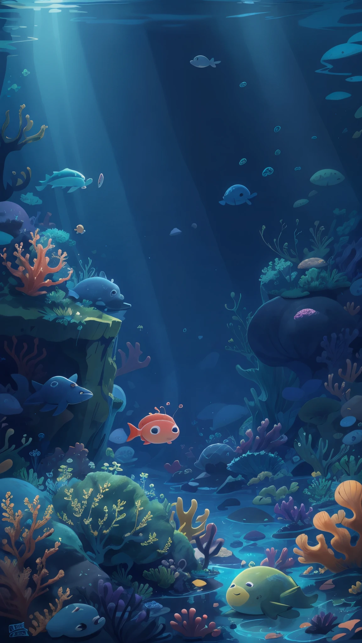 Deep in the ocean,deep sea,seabed,dappled sunshine,Cool colors,Pixar style, best quality, stills, Scene illustration,high details, high quality, masterpiece, ccurate, super detail,
