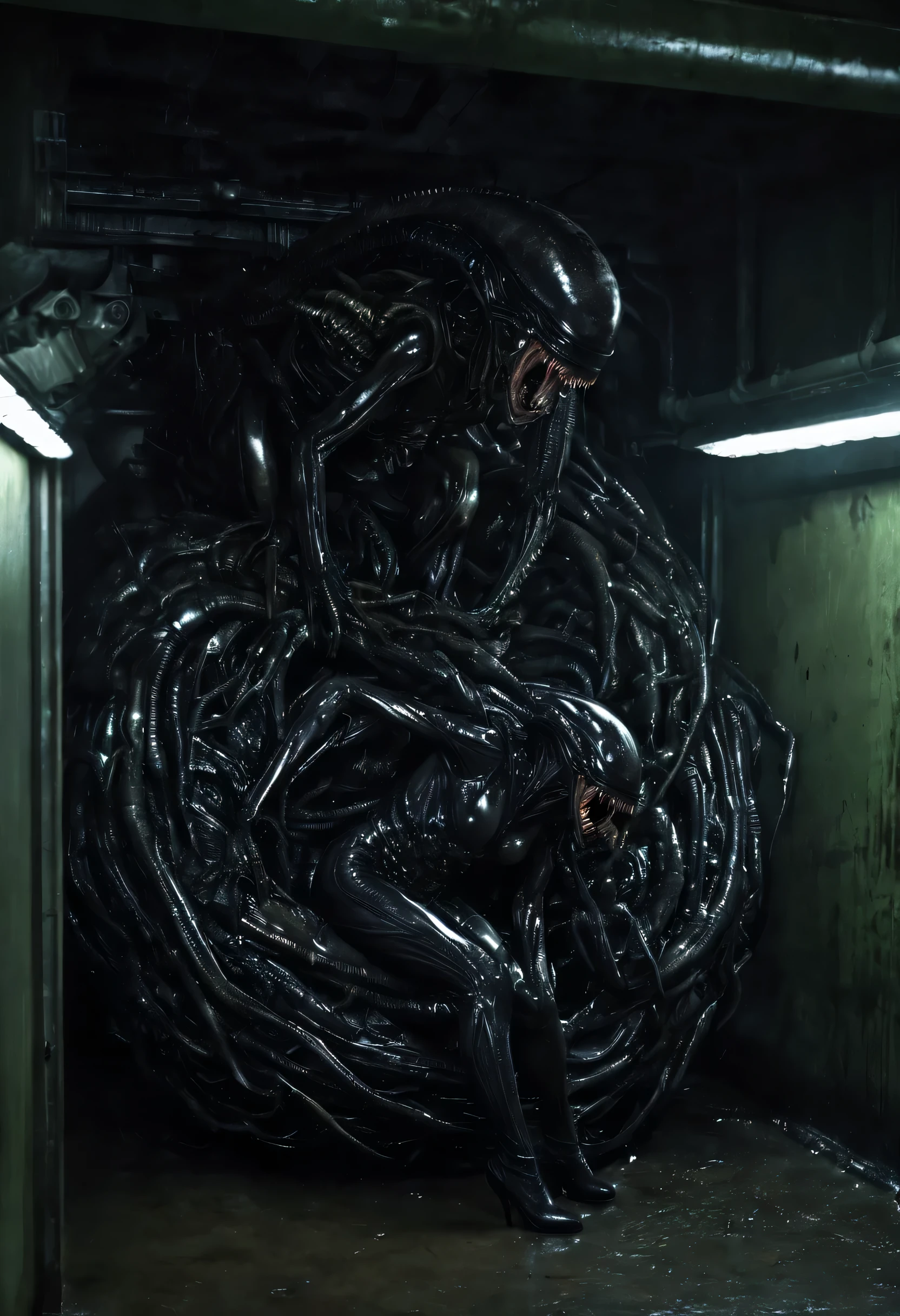 Many sexy women are cocooned in a slimy hard xenomorph nest, the women struggle futilely against their bindings, set in a hi-tech factory hallway, the xenomorph is barely visible, lurking in the shadows further down the hall, reference movie Alien 2, science fiction, hyper realistic, horror, best quality
