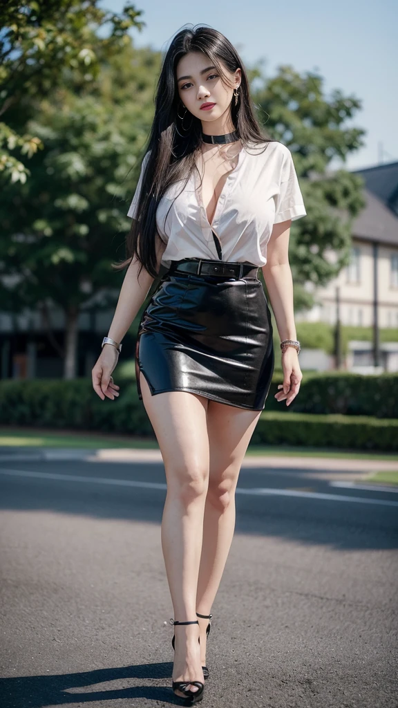 highest resolution, 8K, high definition, ( สาวlong hairมาก, long hair, straight hair, black hair), นักศึกษาthailand, (half-caste, thailand, Japan, Korea, Height 173 centimeters), ((stand, walk)), (Beautiful face, แต่งBeautiful face, Double eyelids, red lips), (Beautiful Woman, The texture is realistic.), (white short sleeve shirt thin shirt, collar shirt, With metal buttons), (black short pencil skirt, Very short, Side incision, กระโปรงพร้อมbeltผู้หญิง, tight), (Huge breasts, Breast augmentation, big breast, Big tits, plump tits, Fluffy milk, Huge breasts), (Symmetrical shape, sexy figure, small waist, Long legs, Beautiful thighs), (Pitch black high heels, earring, Put on a watch, belt), (full body, Look at every part of the body.), (university backdrop, building, building, lawn, outdoor sports field)