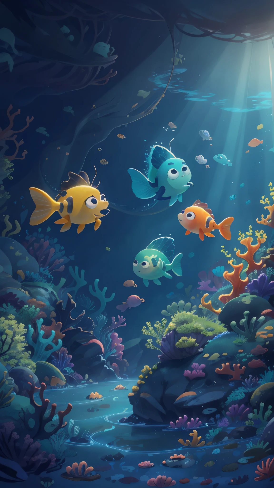 Deep in the ocean,deep sea,seabed,dappled sunshine,Cool colors,Pixar style, best quality, stills, Scene illustration,high details, high quality, masterpiece, ccurate, super detail,