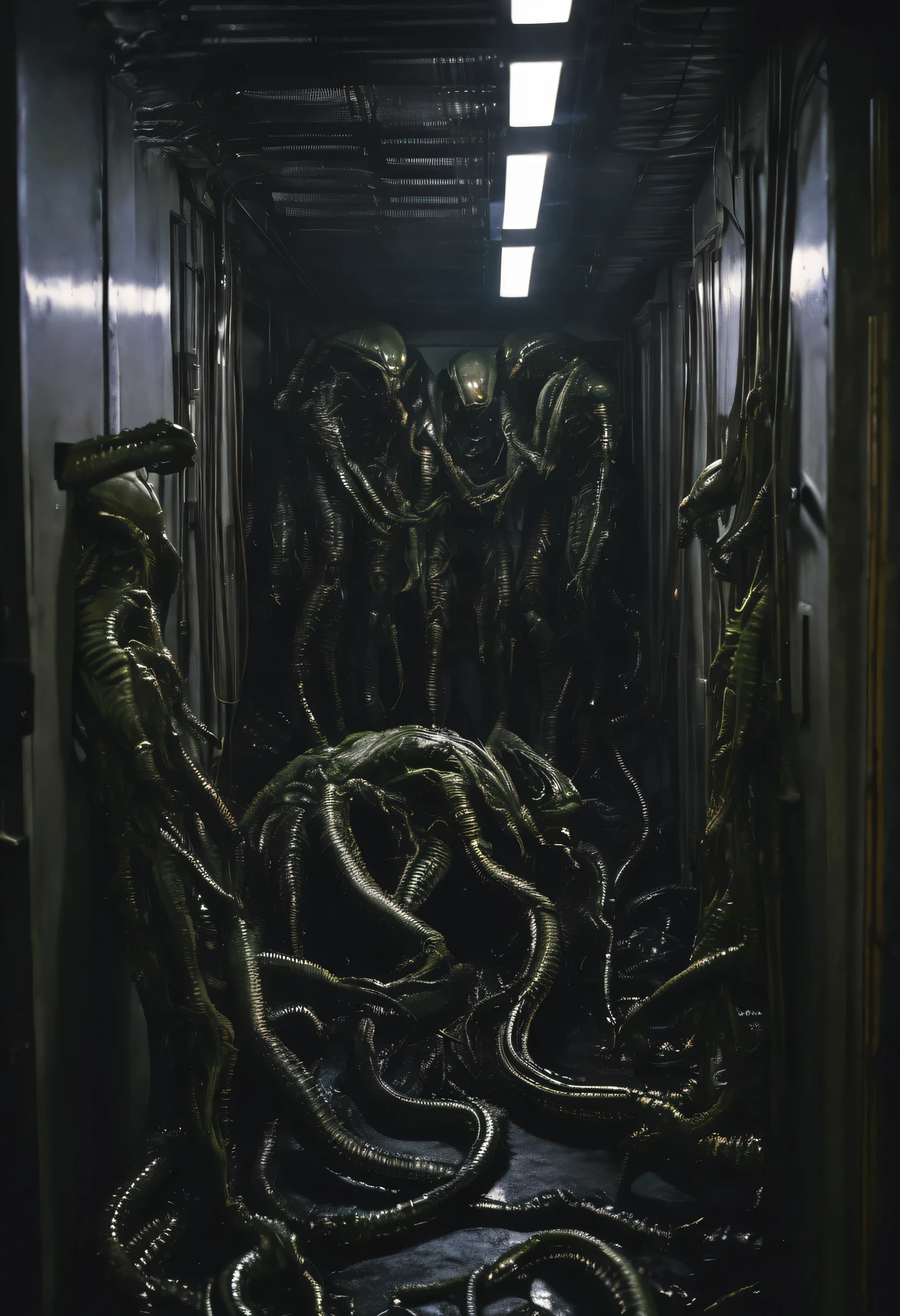 Many sexy women are cocooned in a slimy hard xenomorph nest, the women struggle futilely against their bindings, set in a hi-tech factory hallway, the xenomorph is barely visible, lurking in the shadows further down the hall, reference movie Alien 2, science fiction, hyper realistic, horror, best quality