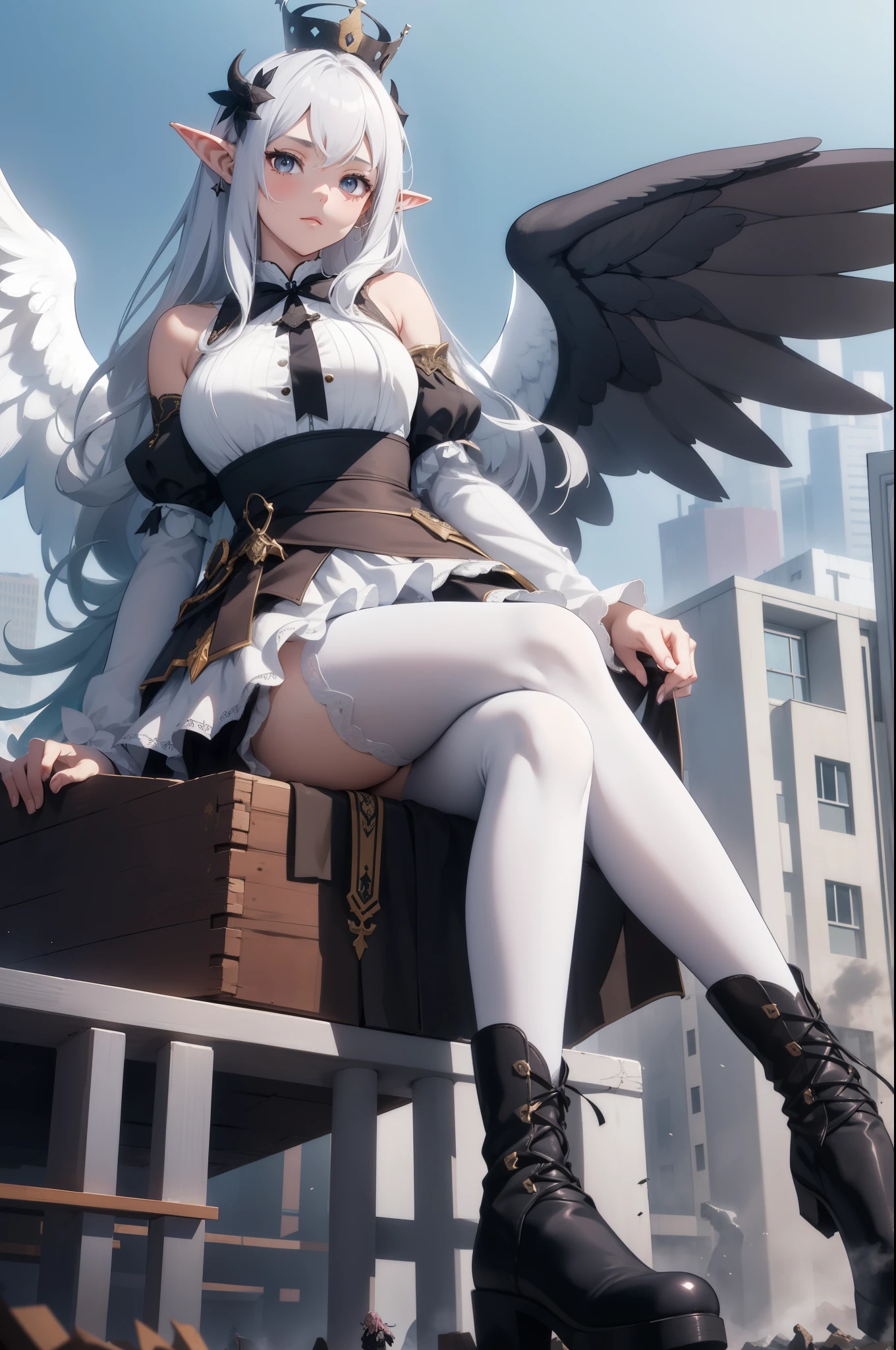 score_9, score_8_up, score_7_up, score_6_up, 1girl, breasts, at school, sit on desk, hasumi \(blue archive\), rhalo, black hair, long hair, hair between eyes, very long hair, , big breasts, she has black wings, , alternate costume, school outfit,,,, ,pantyhose, below view ,,, detailed foots, foot focus,sit, foots to viewer,