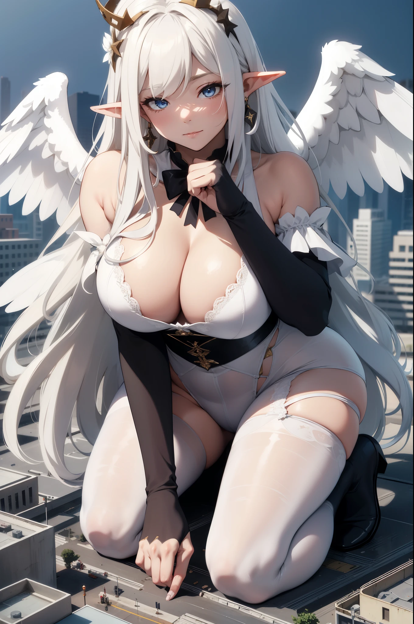 giant girl 50,000 feet high，Weight 1000kg，Has a pair of long legs，Open your eyes wide，Has three pairs of huge white angel wings，With huge devil horns on his head，crown on head，Elf wearing white earrings，She has long pink hair that reaches her feet，loose hair，Pink wavy long curly hair，Wearing a pair of black boots，White sleeves，Wearing white lace pantyhose，Pantyhose with bow and star decorations，白色蕾丝whole body，sitting on a tall building，Beautiful appearance，Exquisite makeup，quality，8k，高quality，Perfect proportion, Cinema lighting，film grain，Fuji colors，8k，textured skin，Super details，high detail，high resolution，charming，blood stains，脚底有blood stains，whole body，Obese，elf princess，feather，flowers