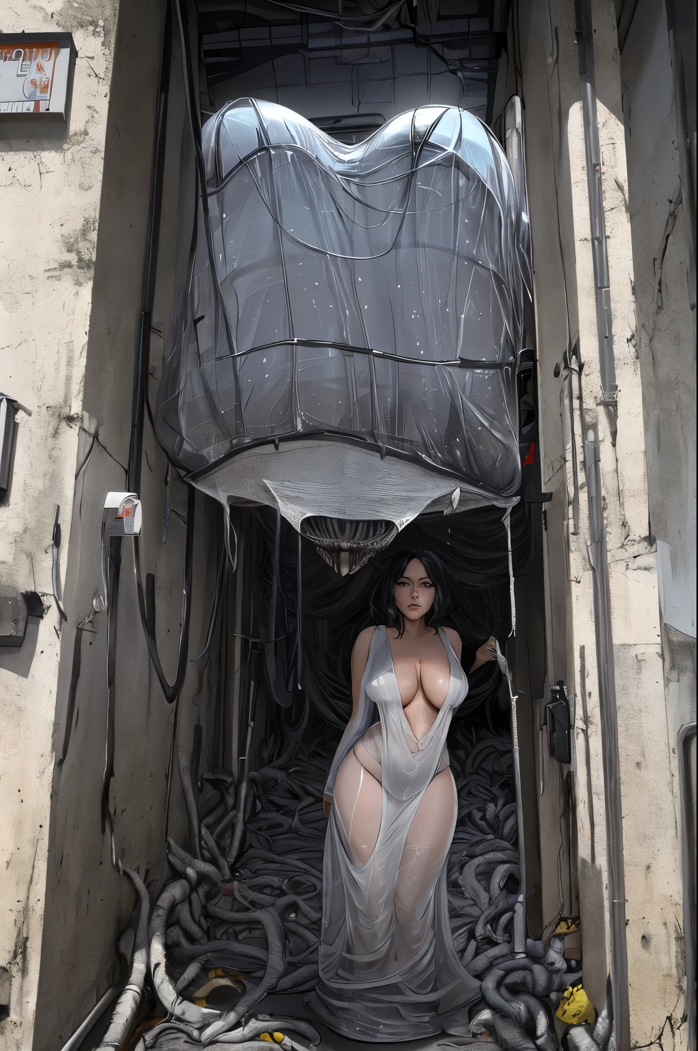 Many sexy women are cocooned in a slimy hard xenomorph nest, the women struggle futilely against their bindings, set in a hi-tech factory hallway, the xenomorph is barely visible, lurking in the shadows further down the hall, reference movie Alien 2, science fiction, hyper realistic, horror, best quality