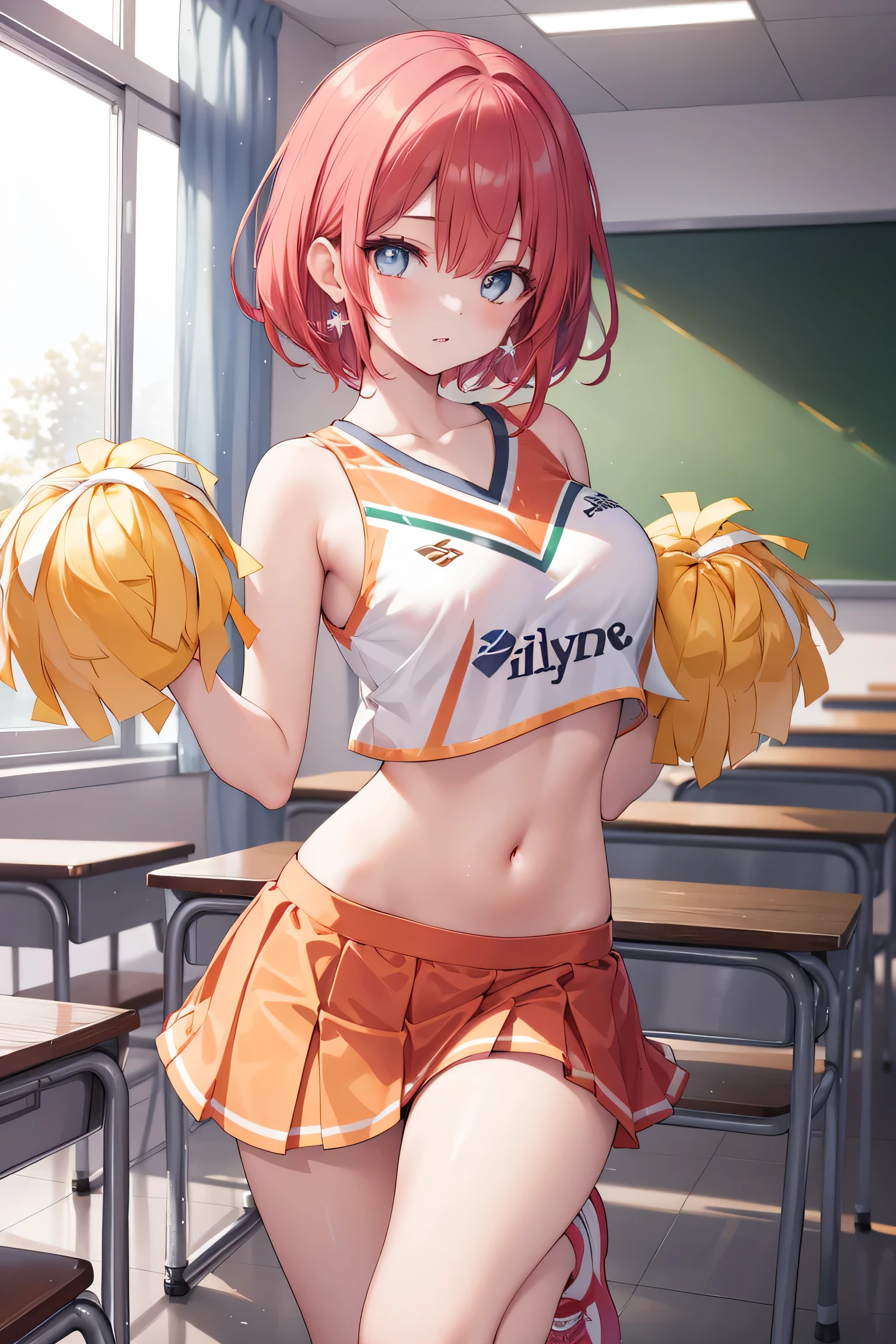 1girl, pyrarnd, tiara, earrings,(red hair:1.2),
BREAK  (cheerleader, crop top, midriff, navel, orange skirt, pink footwear, (cheerleading):1,2)
BREAK (fidelity: 1.4),exposed waist, natural poses,
BREAK indoors, classroom,
BREAK (masterpiece:1.2), best quality, high resolution, unity 8k wallpaper, (illustration:0.8), (beautiful detailed eyes:1.6), extremely detailed face, perfect lighting, extremely detailed CG, (perfect hands, perfect anatomy),