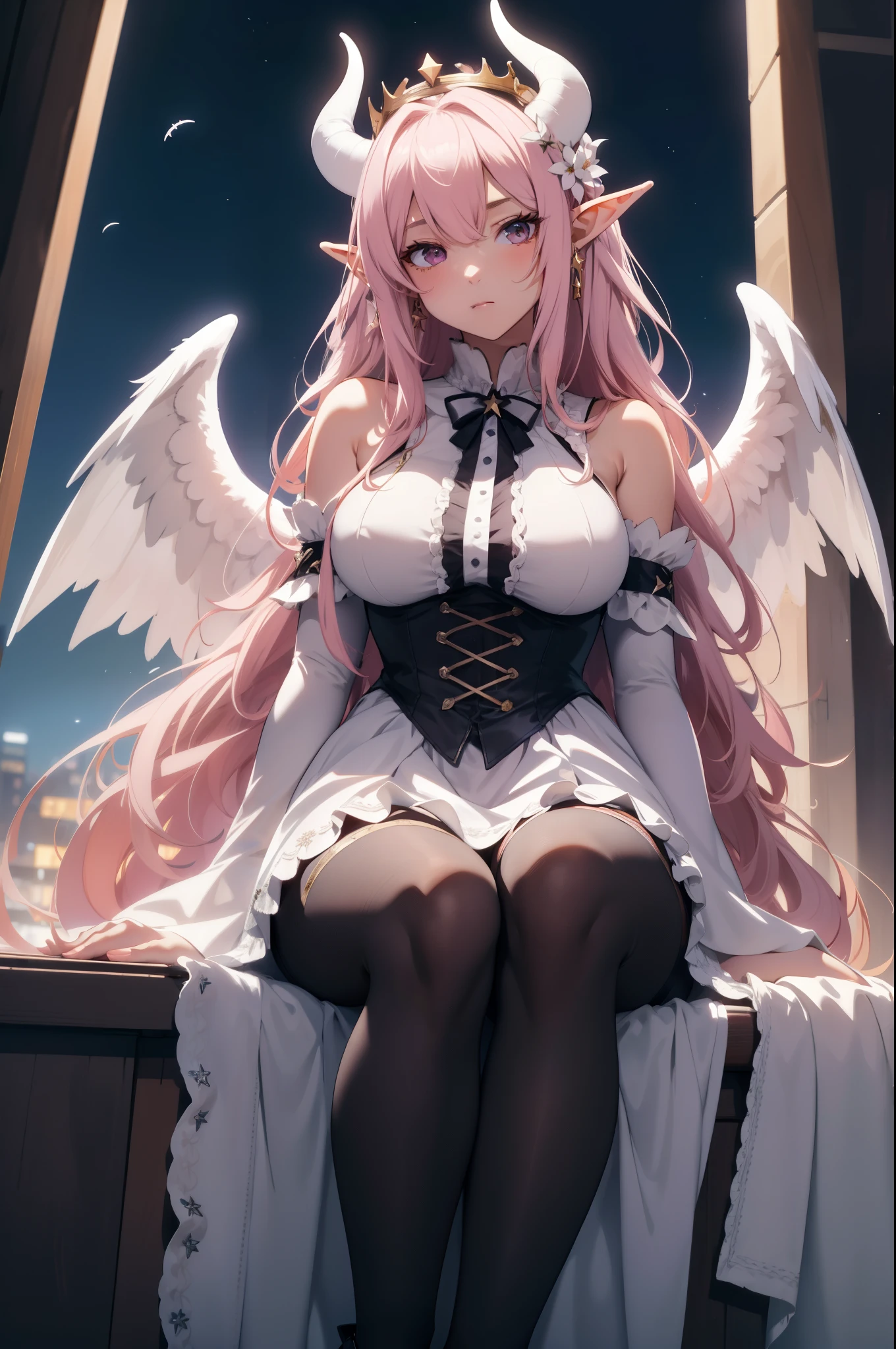giant girl 50,000 feet high,Weight 1000kg,Has a pair of long legs,Open your eyes wide,Has three pairs of huge white angel wings,With huge devil horns on his head,crown on head,Elf wearing white earrings,She has long pink hair that reaches her feet,loose hair,Pink wavy long curly hair,Wearing a pair of black boots,White sleeves,Wearing white lace pantyhose,Pantyhose with bow and star decorations,白色蕾丝whole body,sitting on a tall building,Beautiful appearance,Exquisite makeup,quality,8k,高quality,Perfect proportion, Cinema lighting,film grain,Fuji colors,8k,textured skin,Super details,high detail,high resolution,charming,blood stains,脚底有blood stains,whole body,Obese,elf princess,feather,flowers