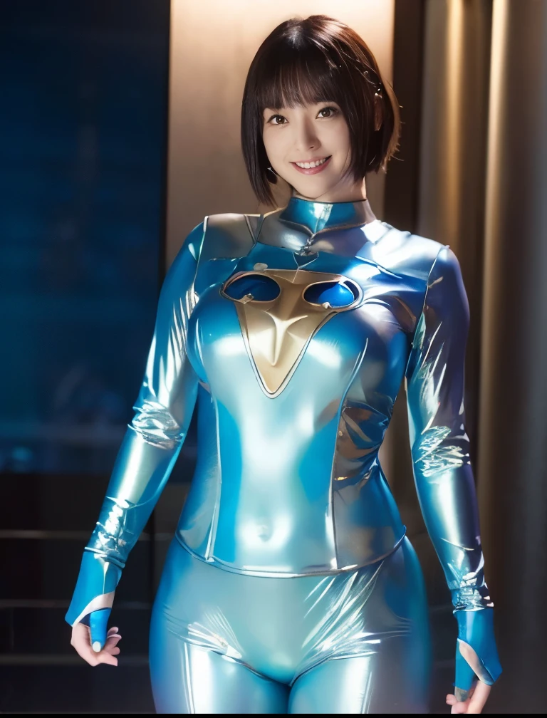 (moefive face、hurricane blue outfit, ninpuu sentai hurricanger, sexy pose body, no helmet, blue spandex costume, ultra best quality、8K、masterpiece、delicate illustration、wetting hair、 standing:1.2、full body Esbian:1.1、A beautiful and bewitching Japanese 25-year-old woman、Shocking blue metallic hero suit with a futuristic fit:1.3) 、（very plump body:1.2、ultra gigantic tits:1.4）、smiling at the viewer、Short dark-haired