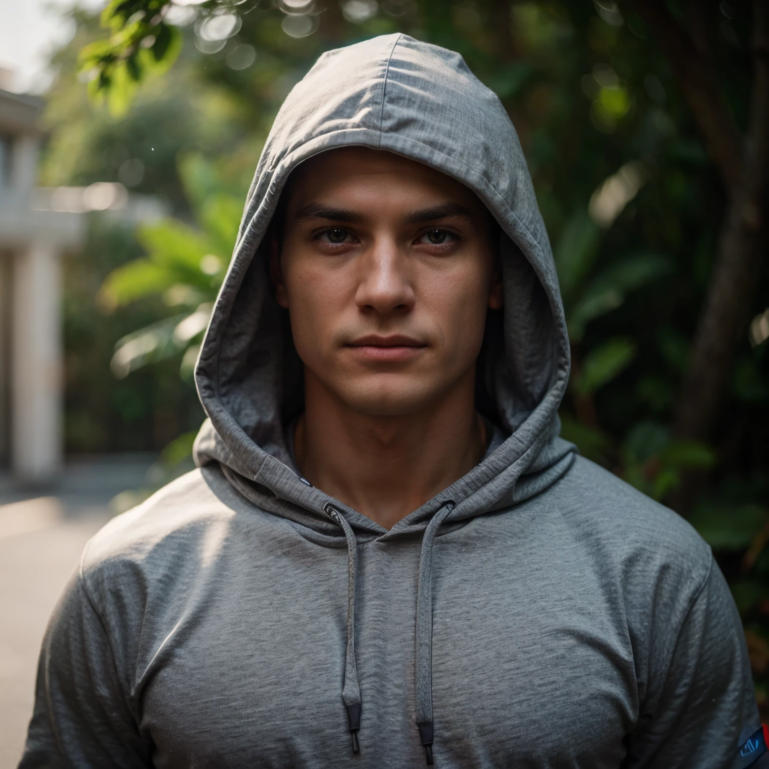 Rob Riches fitness athlete wearing hoodie covering all head with shaved face:: natural lighting:: using a digital single-lens reflex camera (DSLR) with slide film (ISO 50-200) and a prime lens (50mm)