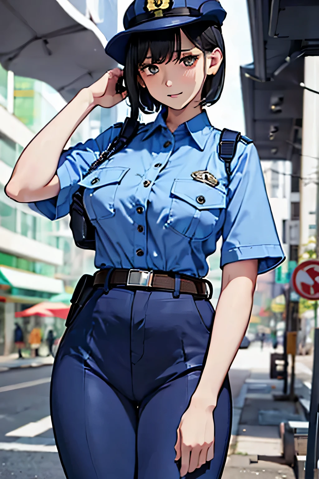 (1 girl busty) black hair large breasts pale skin tight police uniform shirt light blue shirt blue pants breast pocket best quality masterpiece