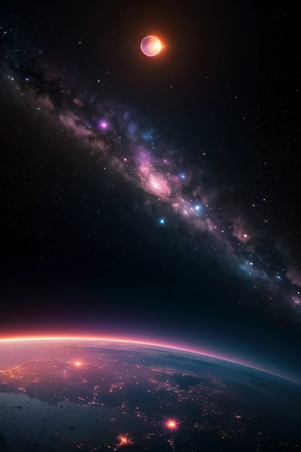 In "Celestial Dreamscape," the satellite view unfolds a high quality, 8K Ultra HD image of a world unlike any other. The canvas bursts with ethereal pink shades that seem to defy the laws of nature, a mesmerizing blend of deep indigo and shimmering hues of pink, as though it holds secrets from distant galaxies. The satellite perspective reveals a dreamlike landscape, with a cascade of celestial bodies, including otherworldly planets and iridescent moons, orbiting in a cosmic dance, casting a soft glow upon the scene. In the foreground, a high-detailed, dystopian land after a nuclear war comes into