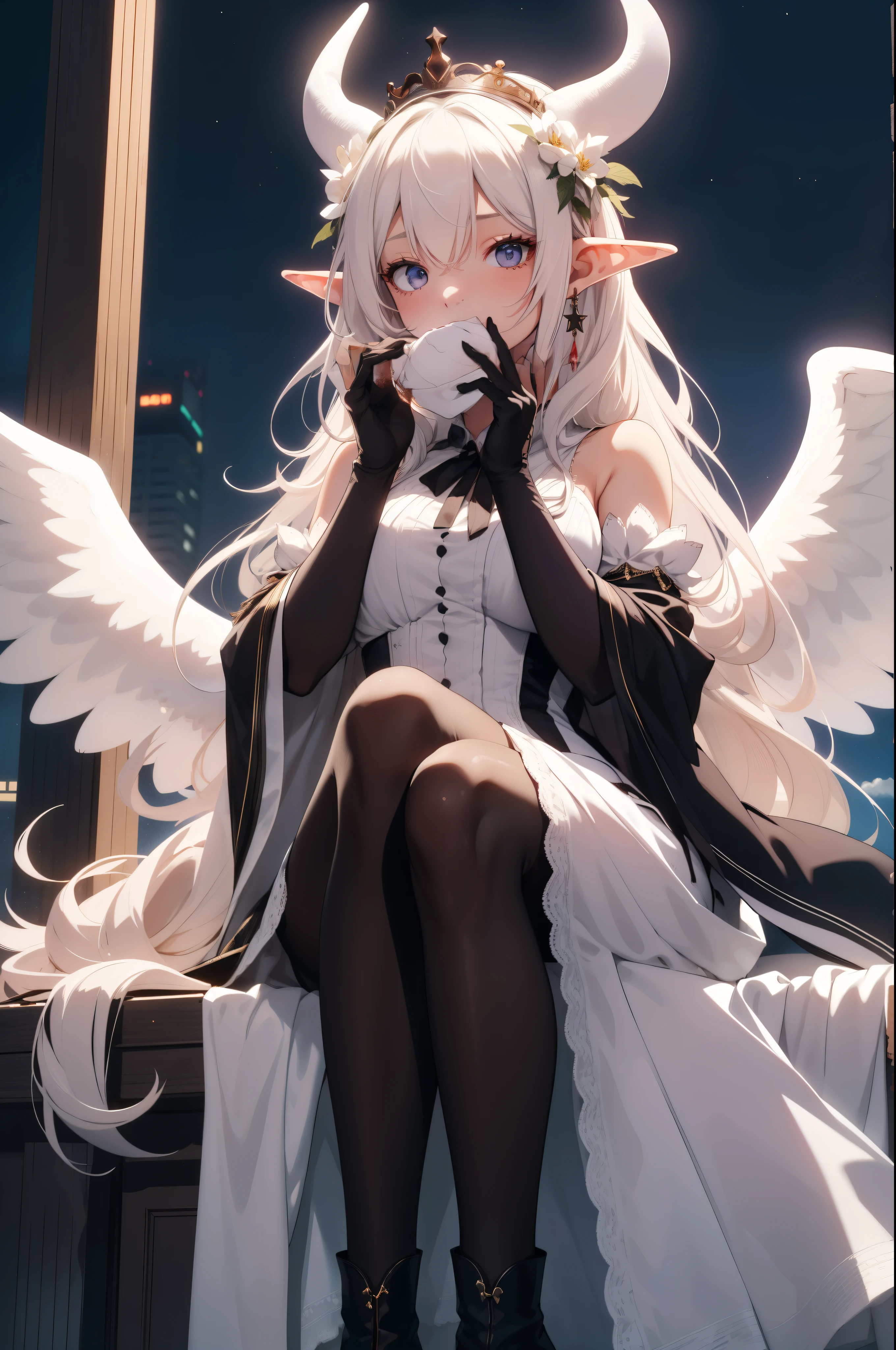 giant girl 50,000 feet high，Weight 1000kg，Has a pair of long legs，Open your eyes wide，Has three pairs of huge white angel wings，With huge devil horns on his head，crown on head，Elf wearing white earrings，She has long pink hair that reaches her feet，loose hair，Pink wavy long curly hair，Wearing a pair of black boots，White sleeves，Wearing white lace pantyhose，Pantyhose with bow and star decorations，白色蕾丝whole body，sitting on a tall building，Beautiful appearance，Exquisite makeup，quality，8k，高quality，Perfect proportion, Cinema lighting，film grain，Fuji colors，8k，textured skin，Super details，high detail，high resolution，charming，blood stains，脚底有blood stains，whole body，Obese，elf princess，feather，flowers