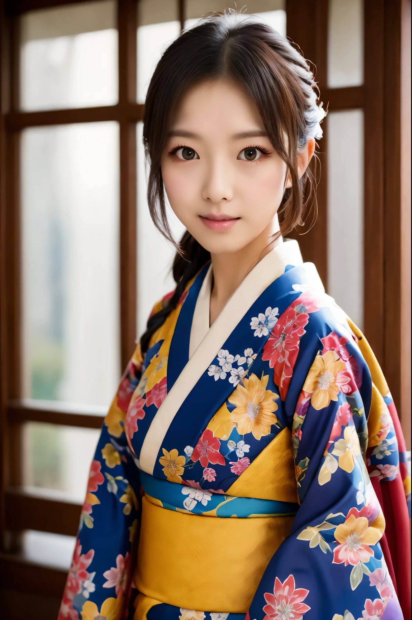 (a beauty lady, delicate lady:1.3), (30 years old), (Japanese traditional kimono, brown color:1.3), very fine eye definition, (symmetrical eyes:1.3), (Japanese traditional room), small breasts, brown eyes, parted bangs, brown hair, (eyes and faces with detailed:1.0), (masterpiece, best quality, ultra detailed, detailed face, 8k)