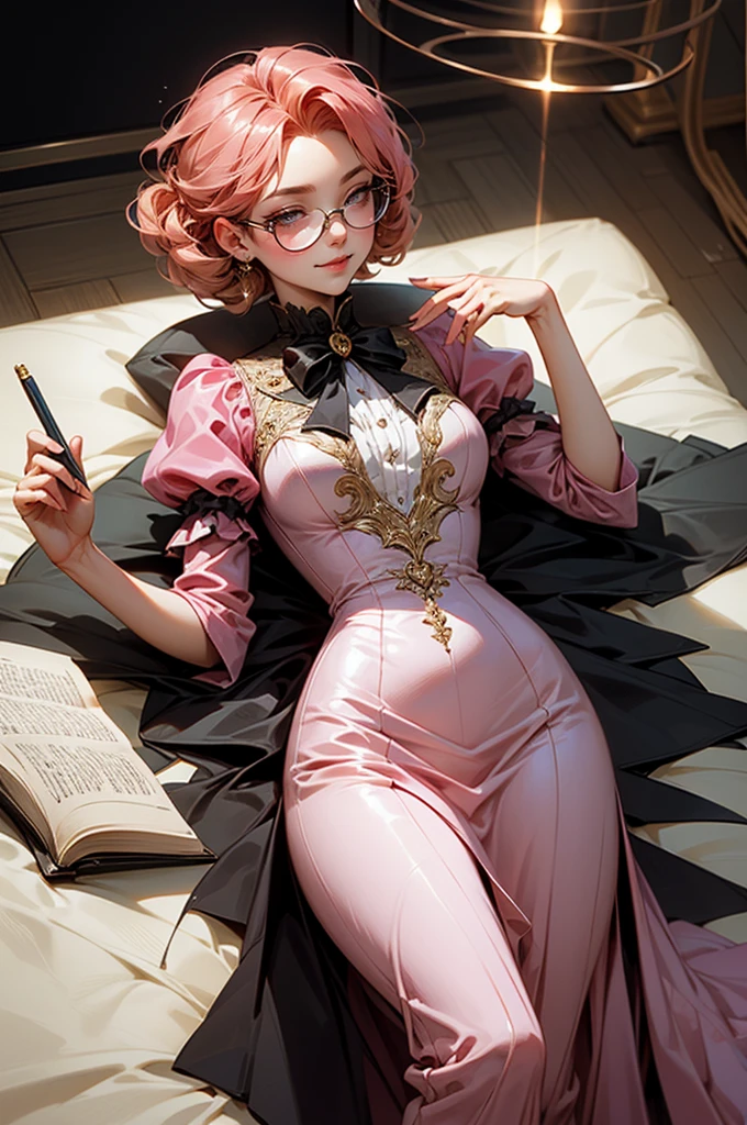 Anime girl tuxedo with curly rose gold hair and round gold glasses, rose gold eyes. Guviz style art, attractive detailed art style, Charlie Bowater Style, 1 7 - year - old cute anime girl, detailed manga style, detailed anime character art, germ of art. High detail, stunning manga art style. Rose dress. (pink dress) . Wearing rose gold Victorian clothing. Dancing, walking, drinking, reading, writing, lying, standing, on your back, dynamic poses, smile, closed mouth. Different Pose.