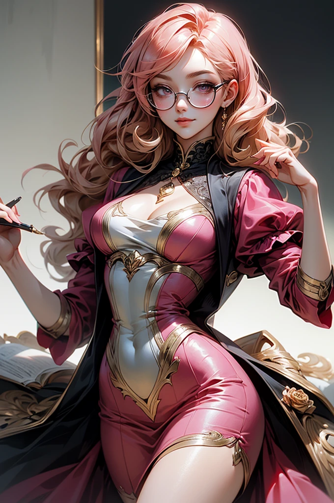 Anime girl tuxedo with curly rose gold hair and round gold glasses, rose gold eyes. Guviz style art, attractive detailed art style, Charlie Bowater Style, 1 7 - year - old cute anime girl, detailed manga style, detailed anime character art, germ of art. High detail, stunning manga art style. Rose dress. (pink dress) . Wearing rose gold Victorian clothing. Dancing, walking, drinking, reading, writing, lying, standing, on your back, dynamic poses, smile, closed mouth. Different Pose.