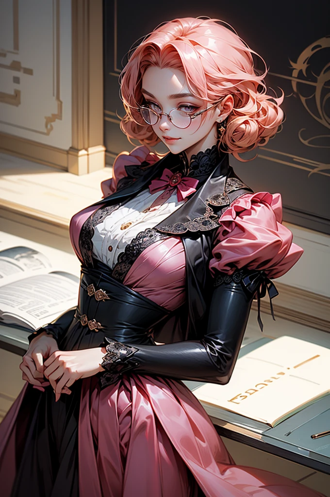 Anime girl tuxedo with curly rose gold hair and round gold glasses, rose gold eyes. Guviz style art, attractive detailed art style, Charlie Bowater Style, 1 7 - year - old cute anime girl, detailed manga style, detailed anime character art, germ of art. High detail, stunning manga art style. Rose dress. (pink dress) . Wearing rose gold Victorian clothing. Dancing, walking, drinking, reading, writing, lying, standing, on your back, dynamic poses, smile, closed mouth. Different Pose.