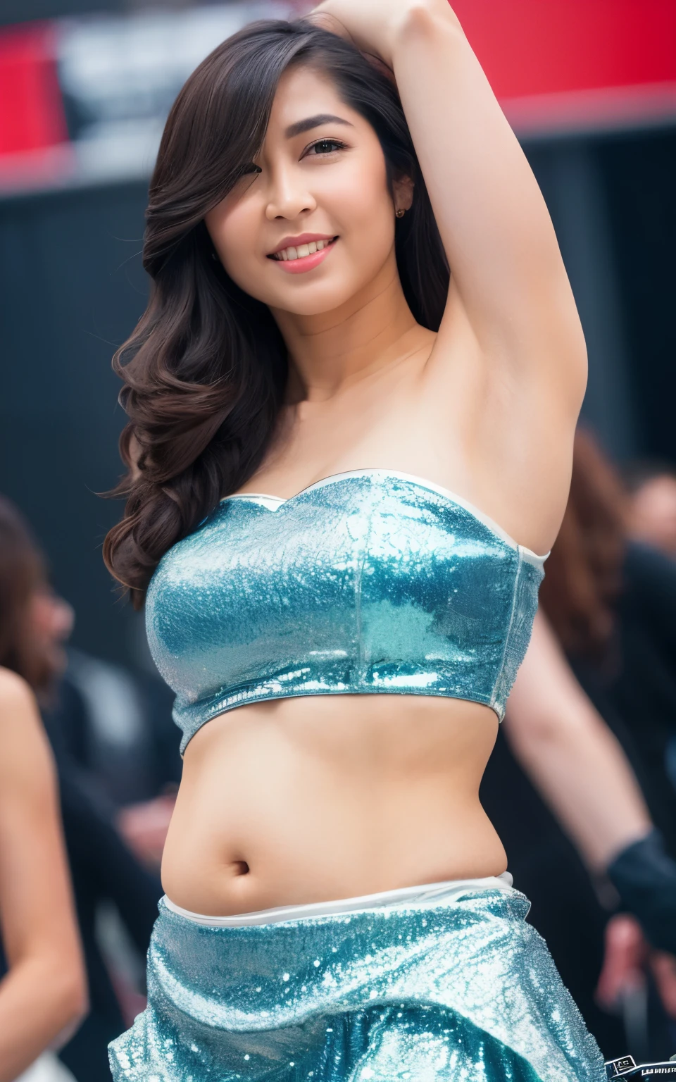 Highly detailed CG Unity 8k wallpaper, very detailed face, of the highest quality, super detailed, masutepiece, Realistic, photos realistic, extremely detailed cute girl, 25 years old, Large breasts ,(Girl in belly dance dress), Bale cover surface , Slim belly
, Round eyes, viewer , Parted lips, Smile , Full body shot, crowdoutdoor , stage , (Armpit)