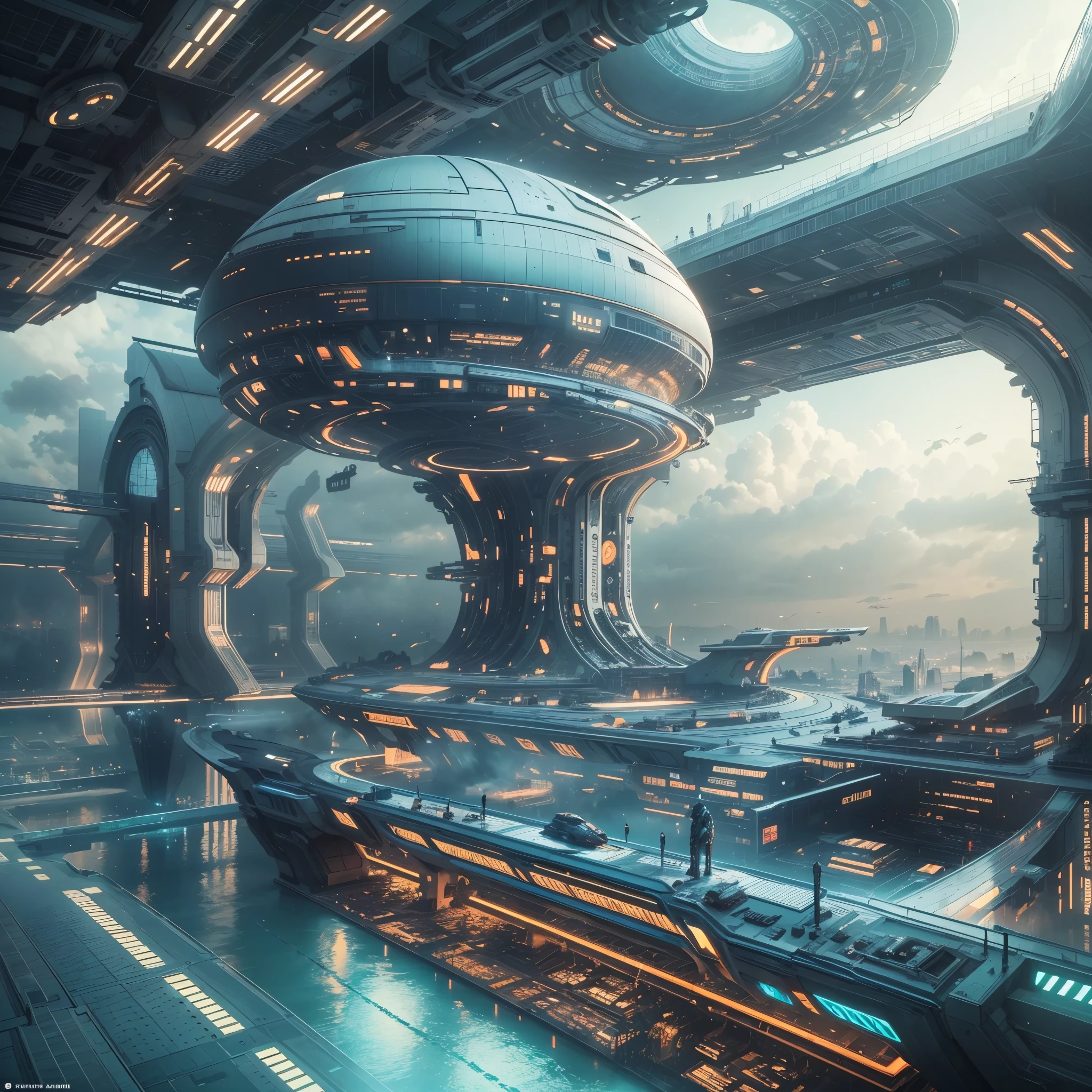 There is a huge spaceship floating in the sky，There is a large viewing platform，There&#39;s a huge engine in the back, futuristic interior, sci-fi interior, Detailed futuristic architecture, gorgeous 3d render, origami studio 3 design, rendered in lumion pro, stunning 3 d render