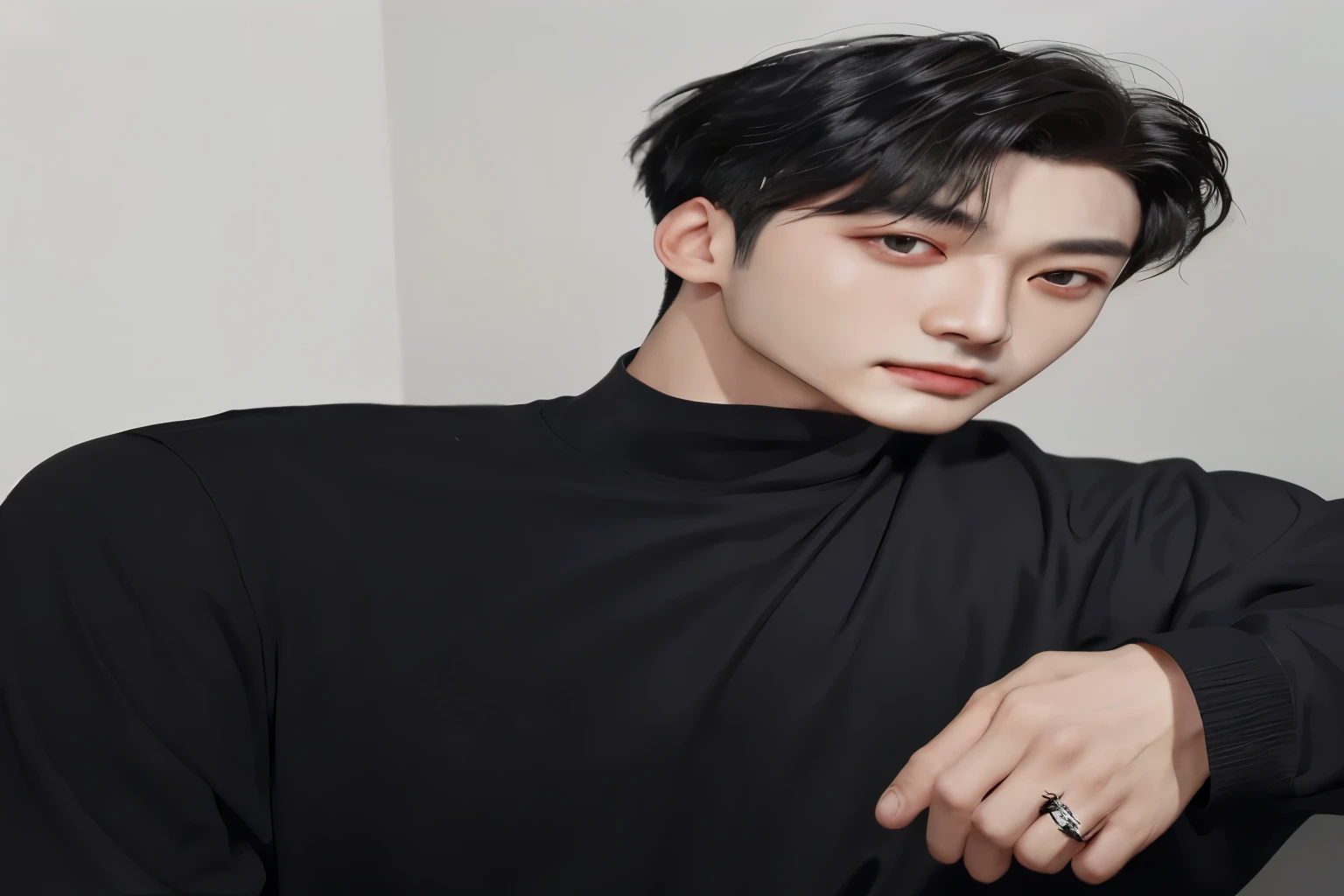 a close up of a person wearing a black shirt and a ring, cha eunwoo , inspired by Zhang Han, jinyoung shin, wonbin lee, cai xukun, a handsome man,black short hair, inspired by jeonseok lee, inspired by Bian Shoumin, shin jeongho, kim doyoung, inspired by Byeon Sang-byeok, hyung tae