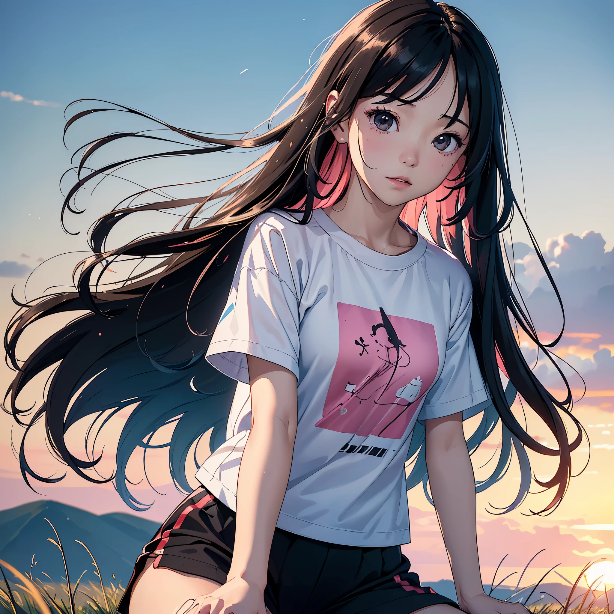 ( highres, ultra detailed, realistic, )(解剖学正确）, 1  girl,long black hair, wind blow，pink white stripe T-shirt, One hand supporting the cheek, lying on the grass, black eyes looking at the sky, sunset sky background, ultra - detailed, best quality, Detailed diagram, vectorized, 8K, Graphic design, vector lines, Full-HD,仰视角度