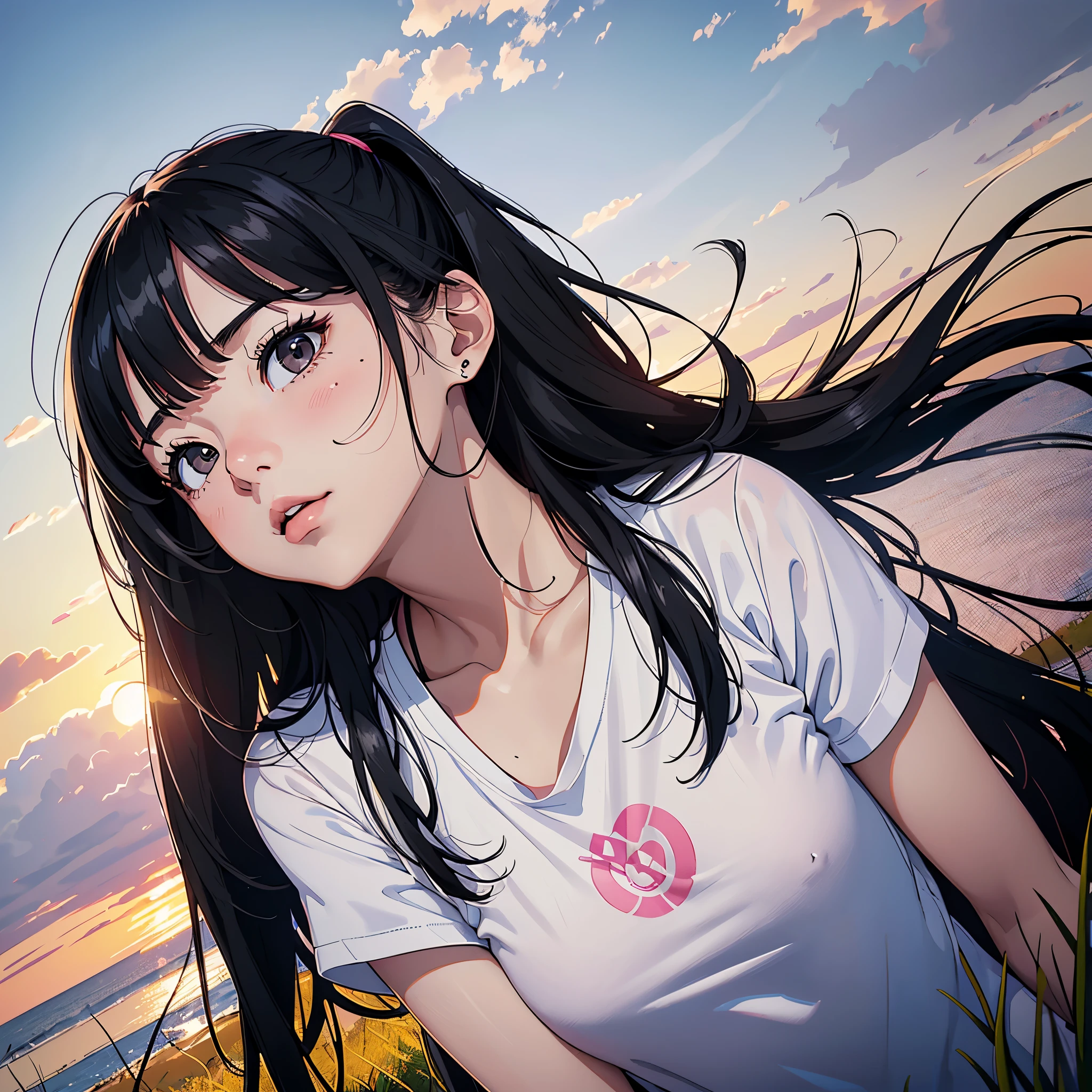 ( highres, ultra detailed, realistic, )(解剖学正确）, 1  girl,long black hair, wind blow，pink white stripe T-shirt, One hand supporting the cheek, lying on the grass, black eyes looking at the sky, sunset sky background, ultra - detailed, best quality, Detailed diagram, vectorized, 8K, Graphic design, vector lines, Full-HD,仰视角度