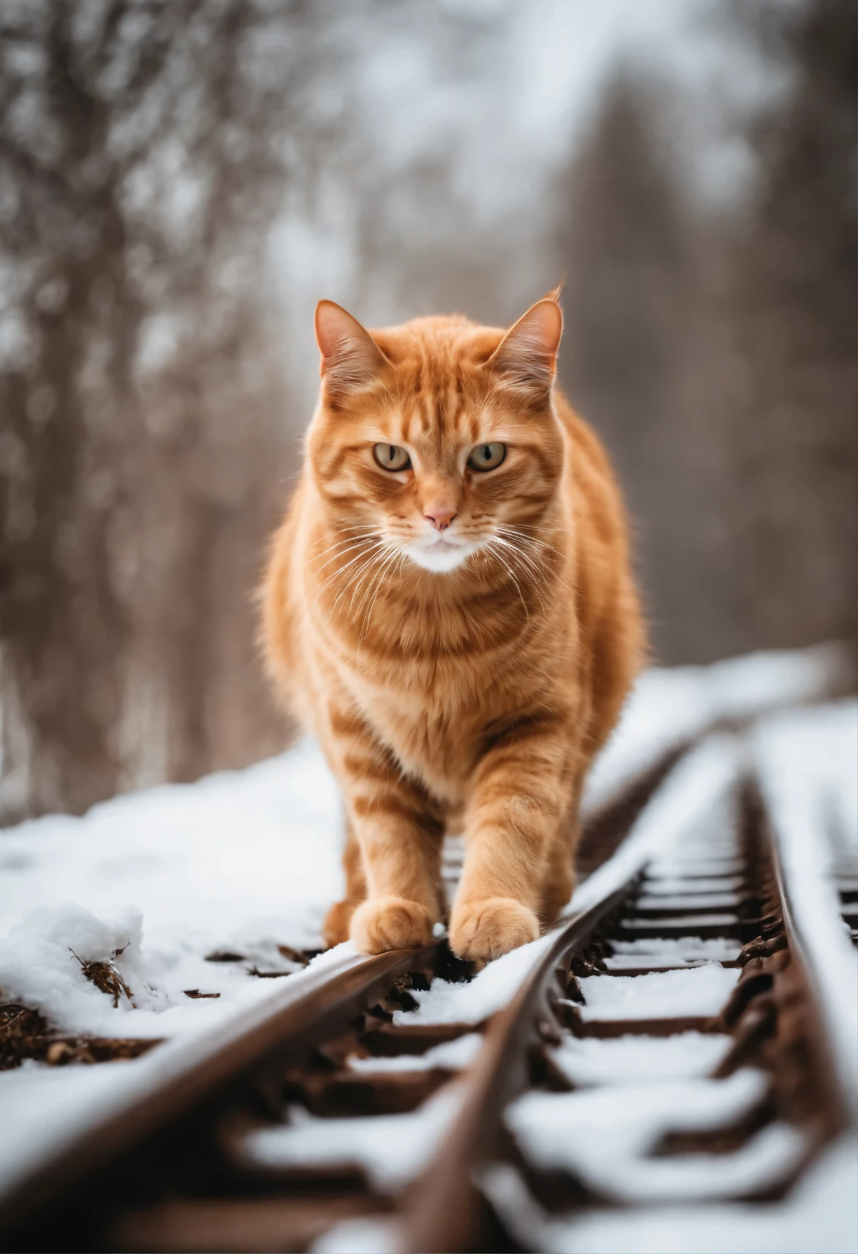 ginger cat, cat soul, snow, snowопад, railway tracks, train,