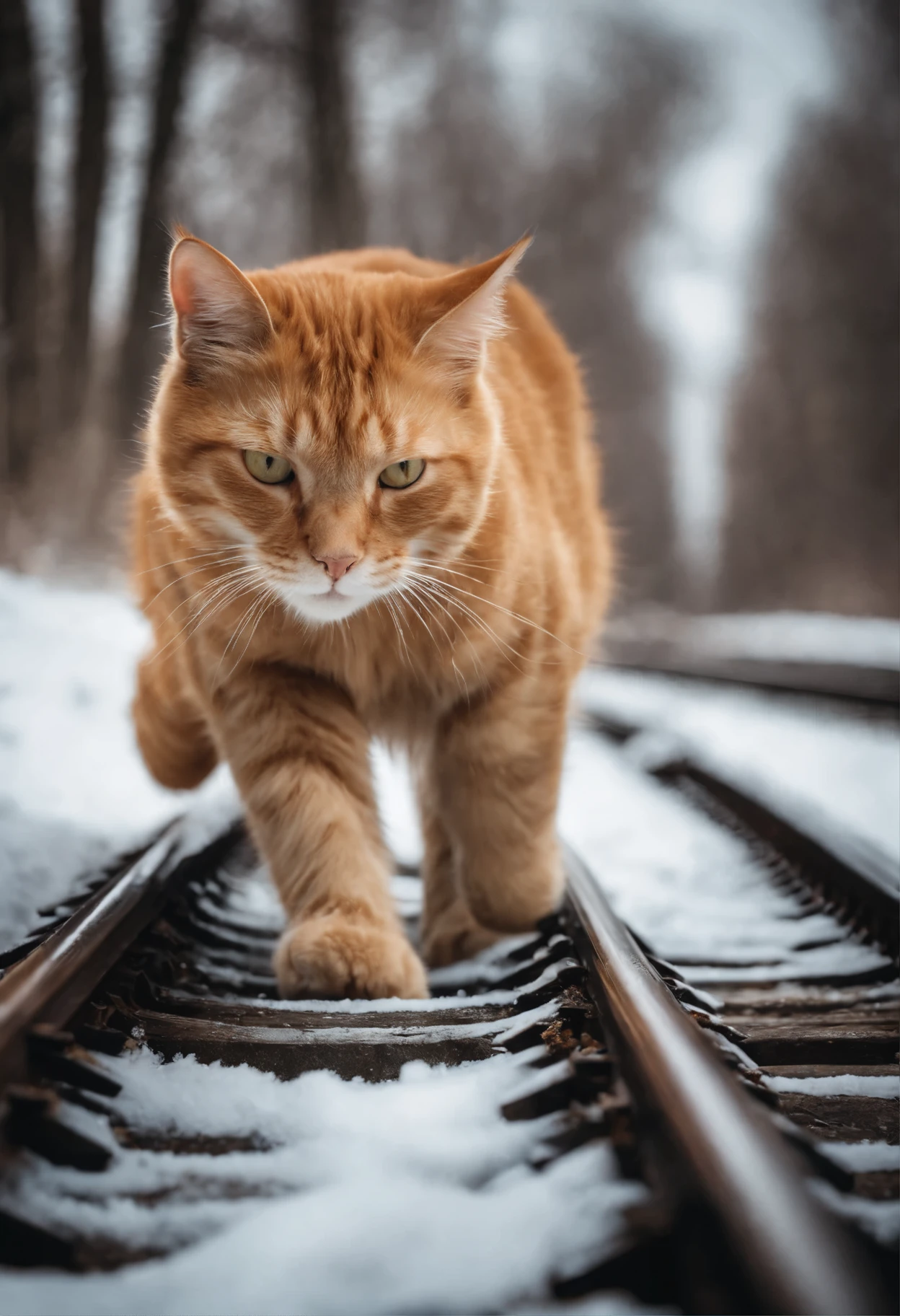ginger cat, cat soul, snow, snowопад, railway tracks, train,