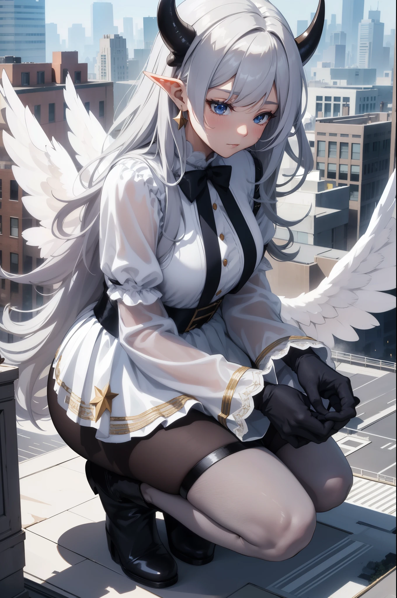 giant girl 50,000 feet high，Weight 1000kg，Has a pair of long legs，Open your eyes wide，Has three pairs of huge white angel wings，With huge devil horns on his head，crown on head，Elf wearing white earrings，She has long pink hair that reaches her feet，loose hair，Pink wavy long curly hair，Wearing a pair of black boots，White sleeves，Wearing white lace pantyhose，Pantyhose with bow and star decorations，白色蕾丝whole body，sitting on a tall building，Beautiful appearance，Exquisite makeup，quality，8k，高quality，Perfect proportion, Cinema lighting，film grain，Fuji colors，8k，textured skin，Super details，high detail，high resolution，charming，blood stains，脚底有blood stains，whole body，Obese，elf princess，feather，flowers