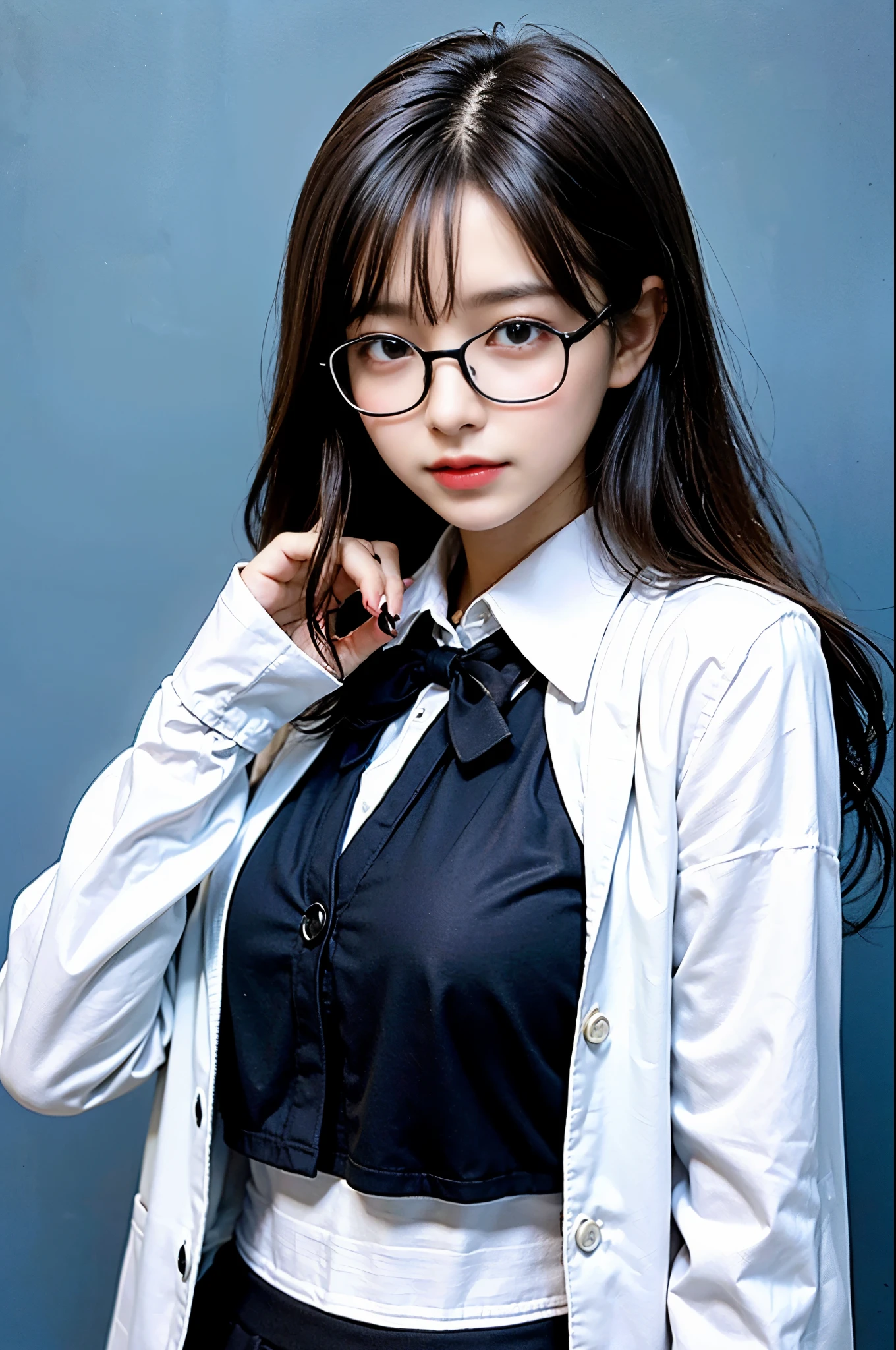 (top quality, 8k, 32k, Masseter muscle film, north african trade zone:1.2), (realistic, Realism:1.1), (perfect anatomy:1.2), horizontal distance method, ID photo, ((ID photo:1.4)), Upright and immobile, facing forward, looking at the audience, Natural eyes, Super detailed, Upper body shot,Shiny dark brown hair, (medium hair:1.2), 1 girl in, super cute high school girl, Japanese, Limited to 17 people, (The background is a blue background:1.4), Big breasts, Heavy breasts, beautiful details eyes, Commercial High School,  黑色Uniforms Uniforms, ( Long black tie, black jacket:1.15), (Black-rimmed glasses:1.2), Uniforms, (Black box skirt, Collared long-sleeved white shirt:1.2), strobe lighting,