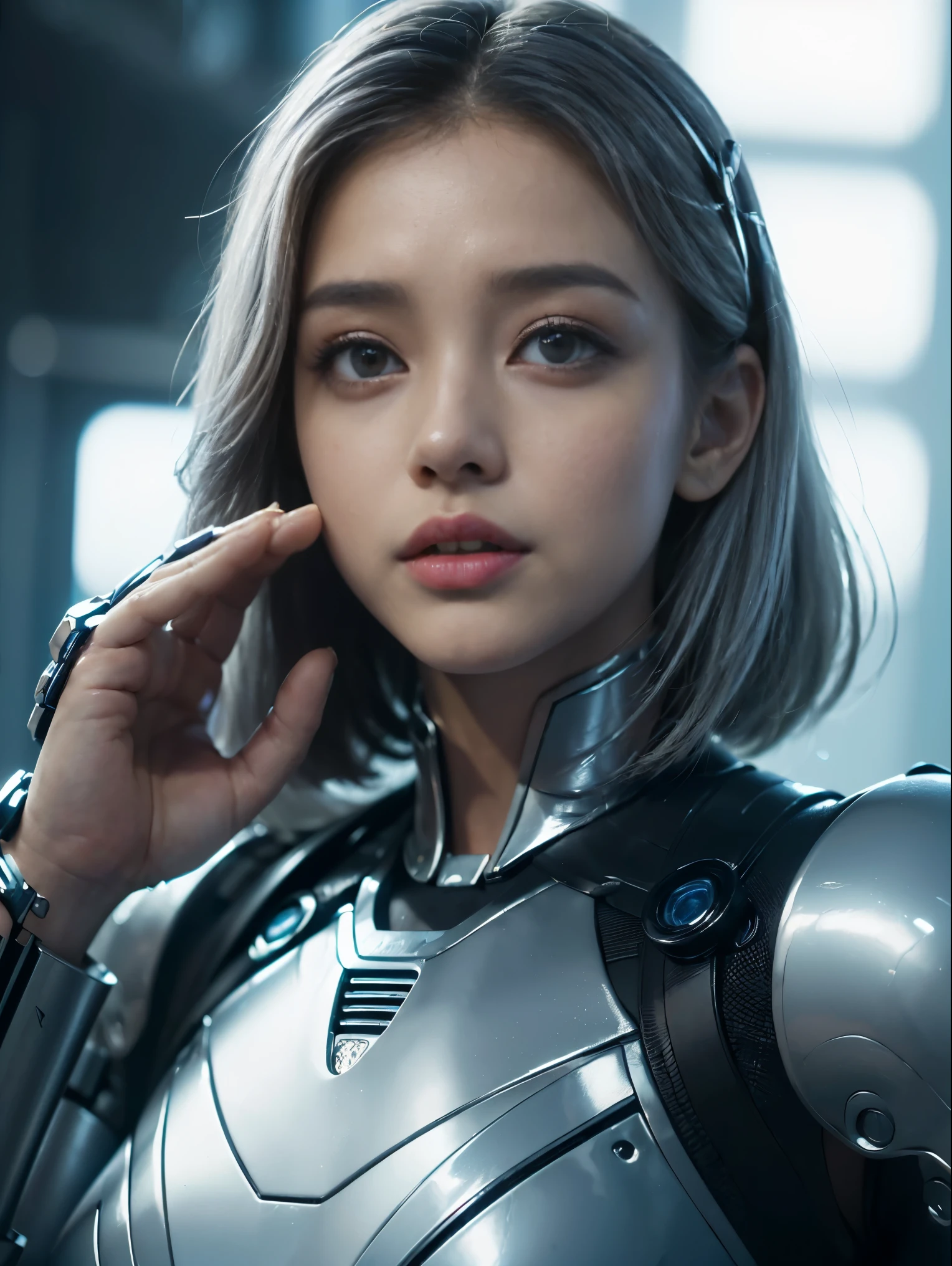 o melhor de todos、8k,(((corpo inteiro Esbian)))、(((O brilho)))、(((METAL)))、(((Muito brilhante、Armadura de ferro polido muito duro)))、(((ciberpunk)))、A beleza fofa do mecha(melhor qualidade, Detalhes detalhados, mesa, , 8k, claro-escuro，Great in good shape、Bust photos are ultra-realistic and realistic, Filmagem Hasselblad RAW altamente detalhada )、(((Olhos naturais bonitos e brilhantes)))、(((Tipo de pele humana)))、（((Seres humanos altamente fotorrealistas)))、(Pupilas perfeitamente redondas)、(((The details of the iris of the pupil are very surprising)))、(((Olhos brilhantes)))、dedos precisos、Membros sem avarias、(((O rosto de uma  caucasiana de 10 anos)))、(((pele muito clara)))、Boca naturalmente fechada、olhos fixos、corpo natural、(((a baby face)))、(((Nariz alto fresco caucasiano na base)))、(((Tipos de pele de meninas russas humanas)))、(((Rosto feminino muito bonito)))、corpo feminino、um rosto pequeno、(((bochechas macias)))、Looking at the camera、Rosto equilibrado、(((droopy eyes)))、(((belos droopy eyes)))、Body with human proportions、(((Slightly longer arms)))、(((Slightly longer arms)))、(torso bastante longo)、(((slightly larger hands)))、Rosto humano、(((Cabelo prateado azul claro brilhante)))、(((Cabelo curto fresco e bonito)))、(((The backdrop is the future)))、(((8 Head Body)))、(((Olhos roxos claros luminescentes)))、(((Sobrancelhas finas e finas de prata)))、(((sobrancelhas finas)))、(((olhando para isso)))、(((Rosto gentil)))、(((Mecha de fundo)))、blade runner、(((Robocop)))、Fantasma na Concha、Tron、Detetive Espacial Gavan、Golpe、policiais、(((fundo noturno)))、(((sem maquiagem)))、(((Hollywood Science Fiction Movie Lighting))、(((Nova Iorque em 5000 d.C.)))、Altura 164cm、Comprimento da perna 82cm、The length of the head is 21 cm、,Muito sutilmenteＸuma perna、(((pose legal)))、evangerion、rei ayanami、Yuki Nagato、(((obscuro)))、(((Combat Readiness)))、pose de ataque、ciborgues、Humano artificial、（((Extremely elaborate joints)))、(((Light blue silver eyelashes)))、(((sobrancelhas muito finas)))、(((sobrancelhas muito coloridas)))、Hand needs and needs five fingers、(((Cabelo bonito e redondo de atalho)))、(((Facial Expressions You&#39;ll Miss)))、(((moist eyes)))、(((lolita)))、(((Linda garota transcendente)))、(((Nariz grande caucasiano fresco)))、(((Very elaborate and cute lips)))、rim lighting、rosto com sardas muito finas e de cor muito clara、Light blue eyelash details、unhas bonitas、(((Science fiction movie colors)))、(((Sci-fi movie quality)))