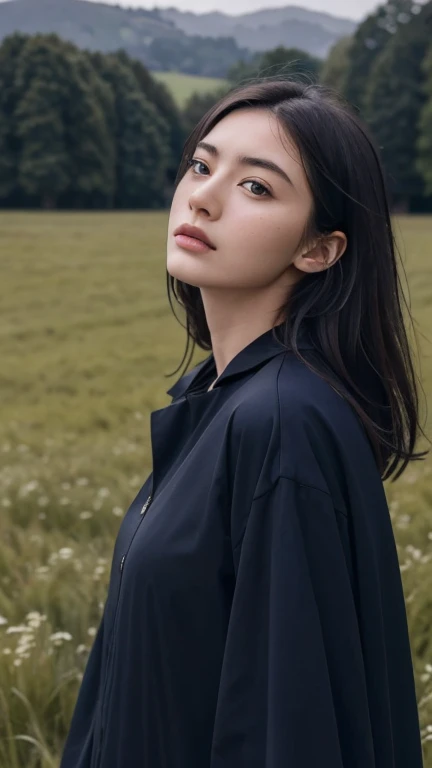8K, highest quality, masterpiece, realistic, ultra detail, photo realistic, Improvement of quality,
photo of a girl standing in a field, In a dark and brooding designer style, voluminous mass, photo bash, calm face, jagged edges, navy, beauty of nature, close up shot