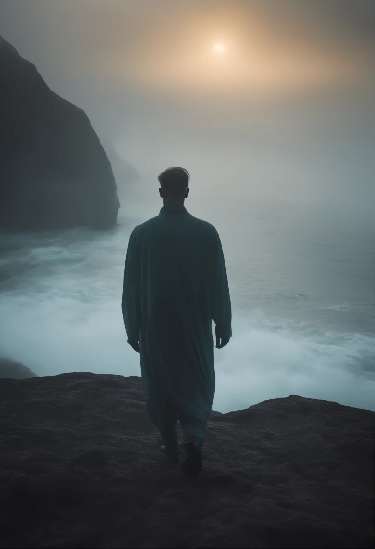 man translucent like a ghost with his hair up, in the middle of a terrifying fog with the ocean in the background