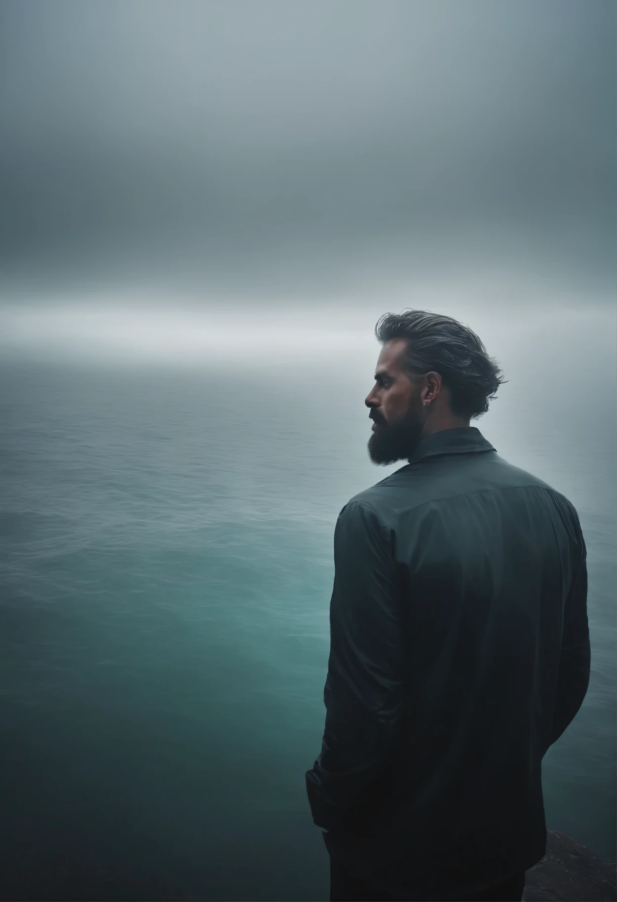 man translucent like a ghost with his hair up, in the middle of a terrifying fog with the ocean in the background