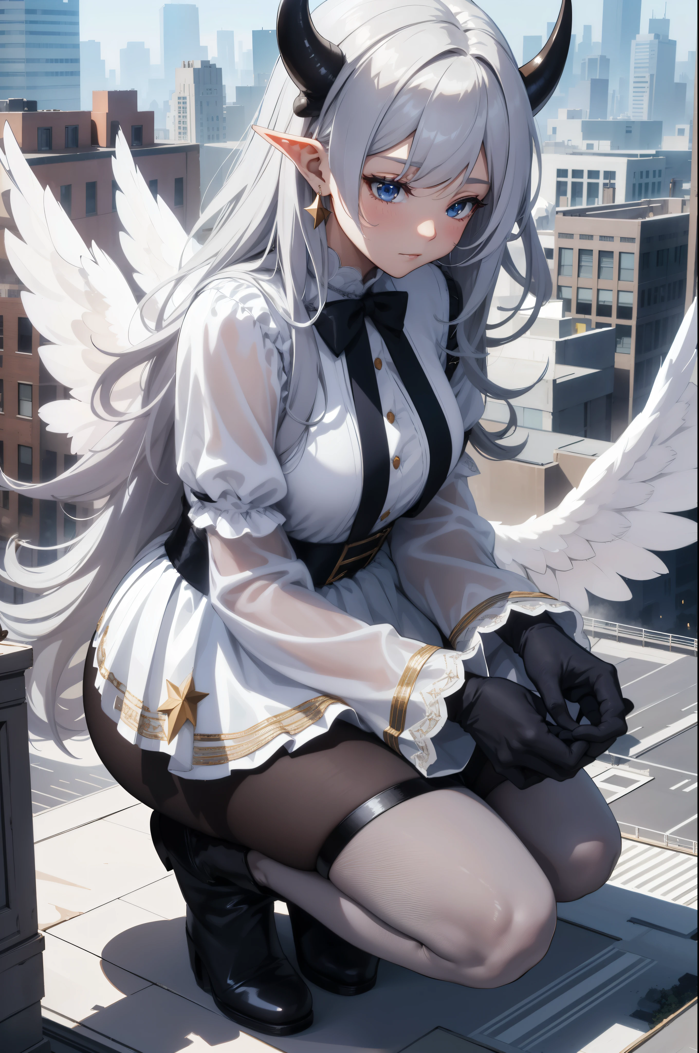 giant girl 50,000 feet high,Weight 1000kg,Have a pair of long legs,Keep your eyes open,Has three pairs of huge white angel wings,With huge devil horns on his head,wear a crown on your head,Elf wearing white earrings,She has long pink hair that reaches her feet,loose hair,Pink wavy long curly hair,Wearing a pair of black boots on her feet,white sleeves,Wearing white lace pantyhose,Bow and star embellished tights,白色蕾丝whole body,Sit on a tall building,Beautiful appearance,Exquisite makeup,quality,8k,高quality,Perfect proportion, Cinema lighting,film grain,Fuji colors,8k,textured skin,Super details,high detail,high resolution,charming,blood stains,脚底有blood stains,whole body,fat,elf princess,feather,flowers