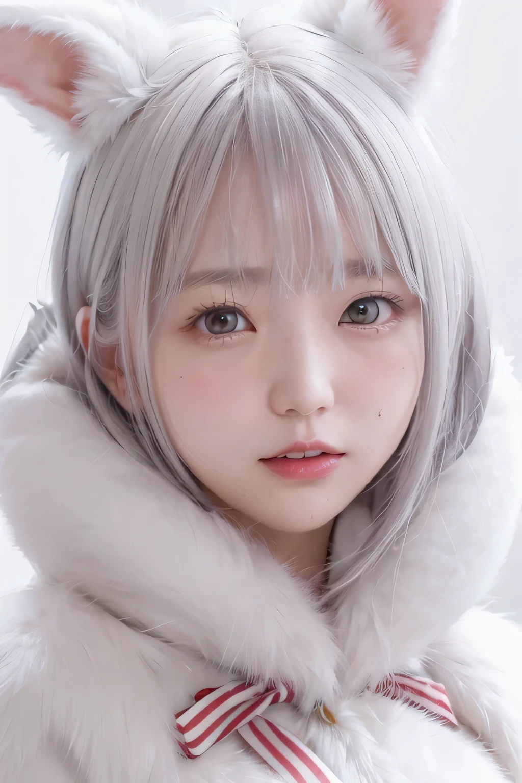 8K, alone, beautiful girl, white rabbit image、 (white fur coat), compensate,White rabbit ears , (white fur scarf), , portrait, realistic, , painting, ,flat body、slim、cute、、white skin、gray hair、red eyes、round face、Very adorable little face、cover the skin with a white coat、frightened face、cute pose、head shot、