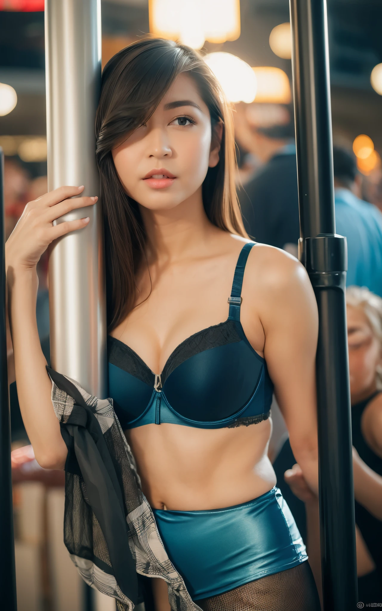 Highly detailed CG Unity 8k wallpaper, of the highest quality, super detailed, masutepiece, Realistic, photos realistic, extremely detailed cute girl, 25 years old, Large breasts  ,(pole dance:1.4), pole , (leather bra) , blue bra, (fishnet tights),  Smile, Round eyes, viewer , Parted lips,  Dramatic light , Half body shot, Crowd Bar , stage ,