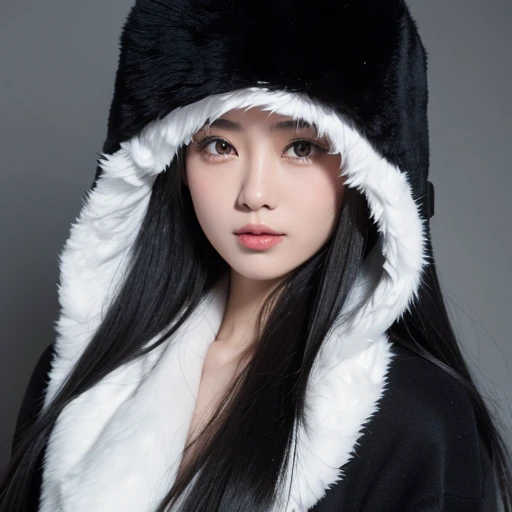 A girl with long black hair and gray eyes wearing a black Asian ushanka.
