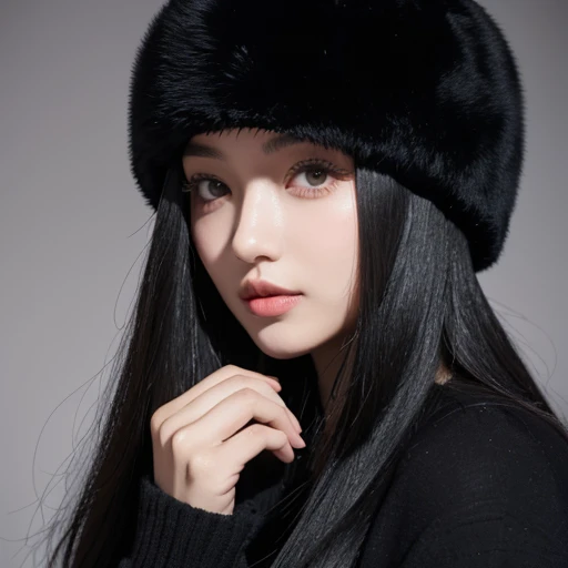 A girl with long black hair and gray eyes wearing a black Asian ushanka.