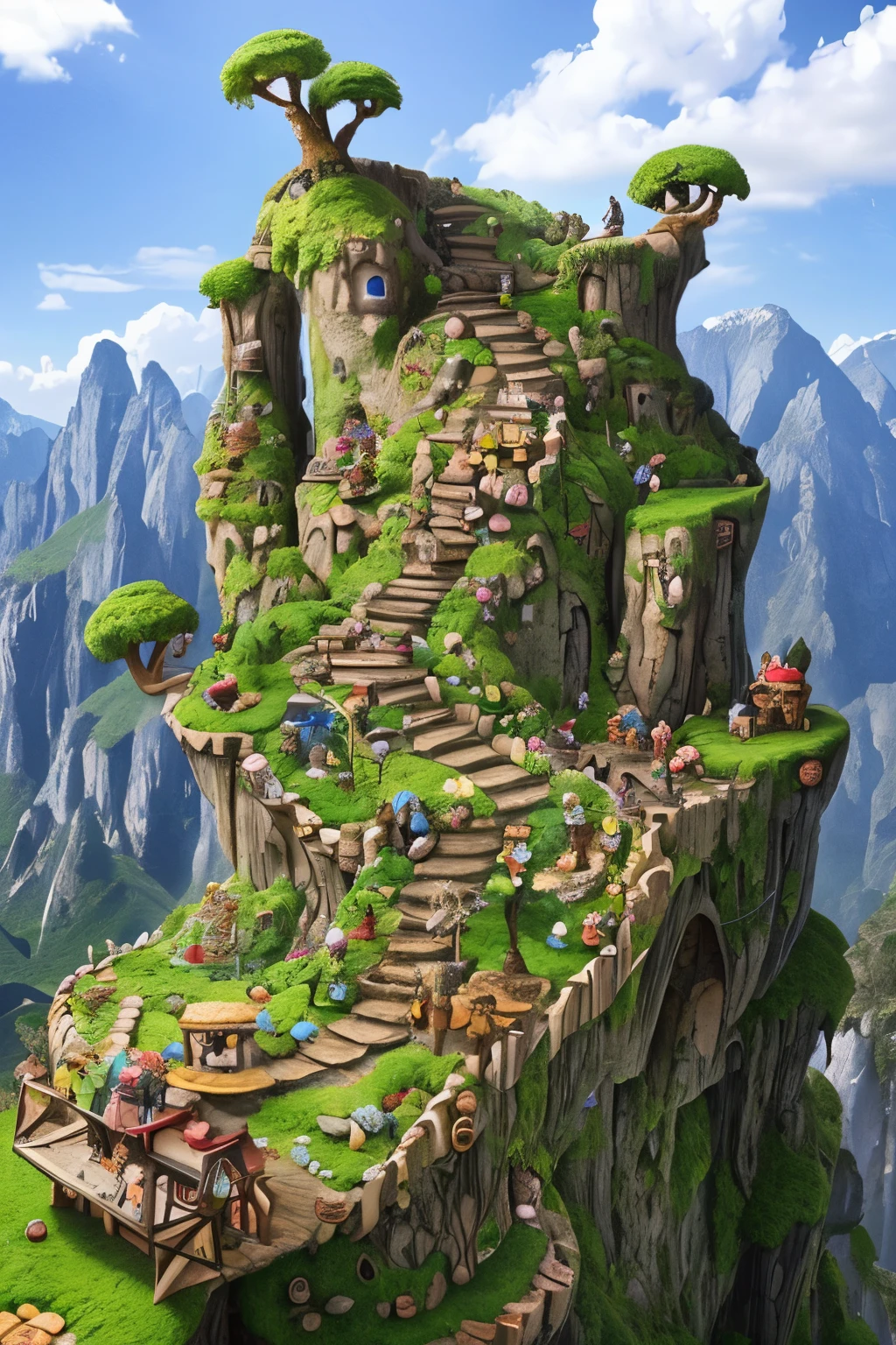 In the whimsical world of miniature wonders, little people embark on an adventure up the banana-shaped mountains. The landscape, an intricate masterpiece of macro art, comes alive with roads fashioned from flour, guiding their journey. Porters, minutely scaled, accompany them with backpacks brimming with supplies, adding an element of fantasy to this enchanting scene.
Games come to life as they traverse this richly detailed terrain, with every step revealing new wonders hidden within the nooks and crannies of this fantasy landscape. Trees bear vibrant, colorful fruits, and the sky, adorned with kawaii punk clouds, promises a