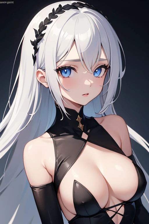 1girl, anime, cute girl, blank background, white background, fantasy, detailed dark fantasy dress with highlights, beautiful face, beautiful eyes, dark colors, silver hair, slightly small breasts, slight cleavage, beautiful skin, cute, breast curtains, extremely delicate and beautiful, (beautiful detailed face:1.0), (detailed deep eyes), symmetrical breasts, deep eyes, shiny skin, portrait, slender waist, hips wider than shoulders, thighs, young girl, expressionless, luminous eyes