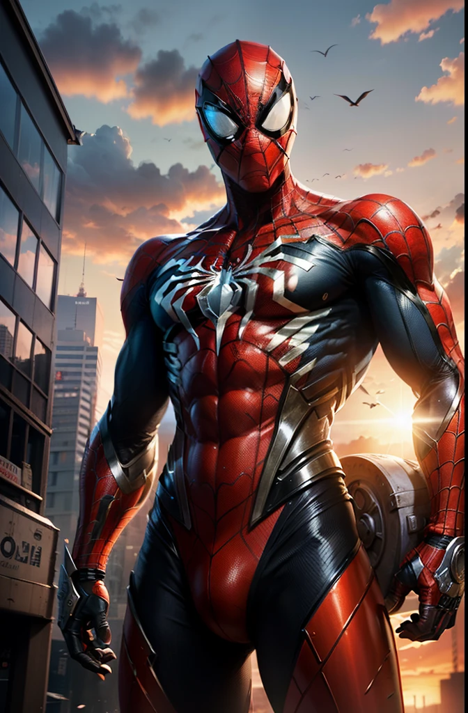 Masterpiece, top quality, high resolution, realistic, cowboy shot, 1 guy, Spiderman, mecha Spiderman, red, blue, transparent, (stance: 1.1), biomechanics, urban, sunset, dramatic lighting,