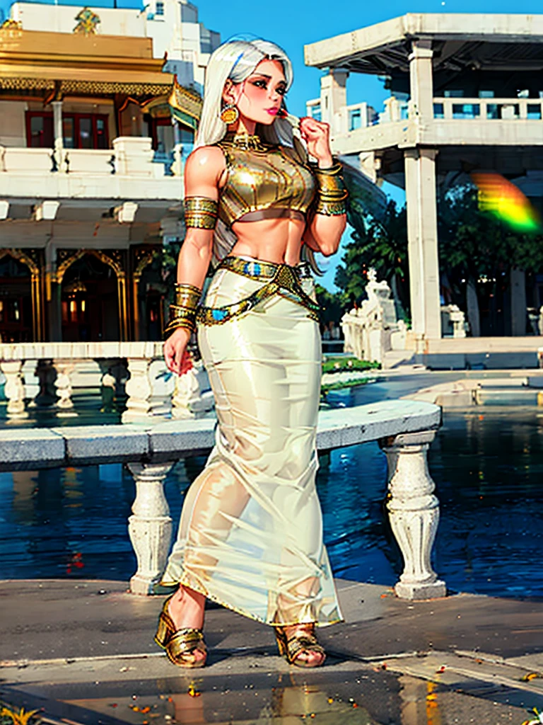 (High quality, masterpieces), One Japanese woman looking back over her shoulder, Posing of belly dance, Blonde braid hair with horse ears, Beautiful face, A little black tattoo on her forehead, Red eyes, horseshoe shaped earrings, Orange lace shawl, Green costume for belly dance, black face veil, Exposing skin around navel, Horseshoe-shaped branding iron on her back, Attach a horse tail on her ass, Orange wedge heels, Luxury accessories, Ancient ruins on a mountaintop, Midnight with red moon, Perspective from behind of her