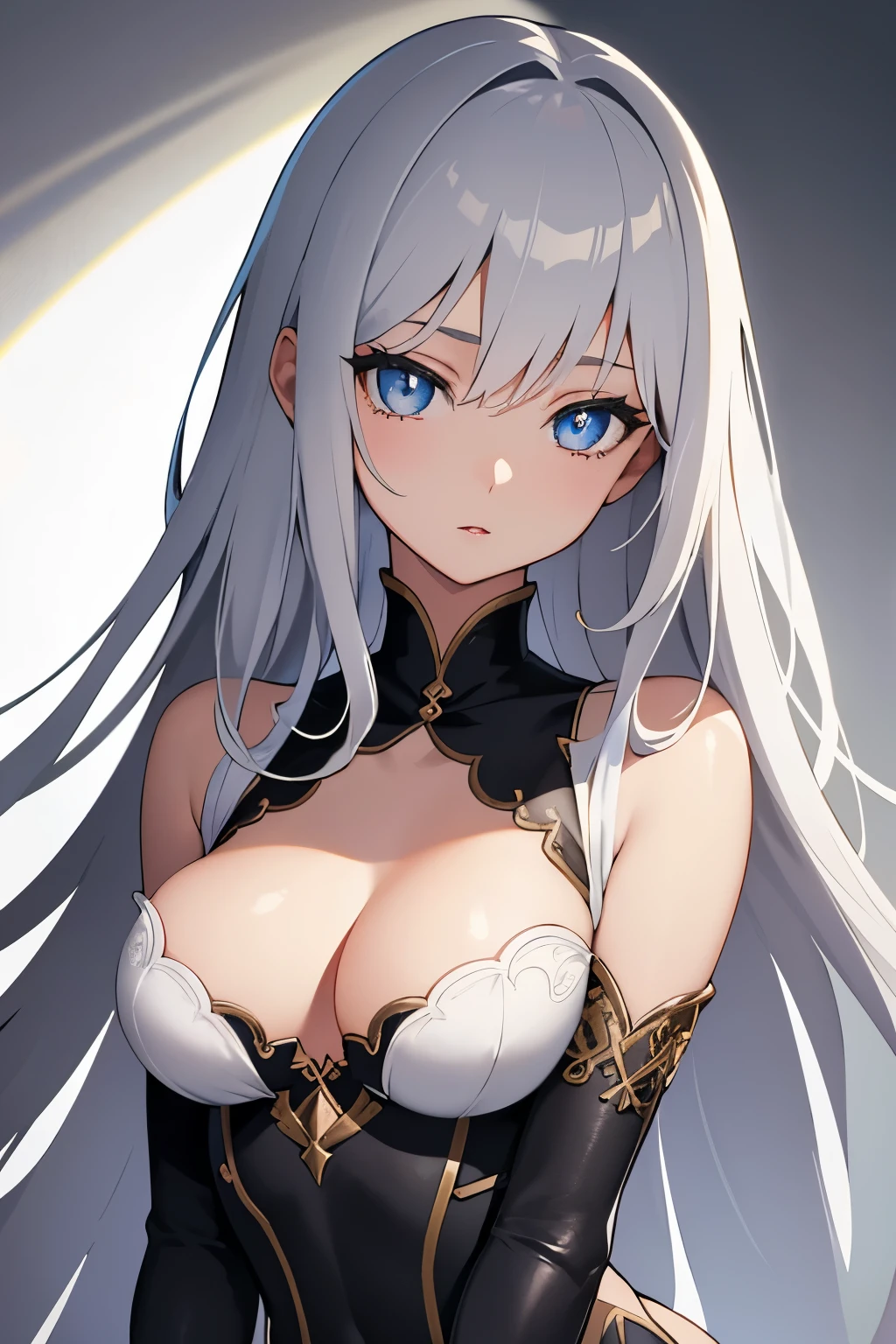 1girl, anime, cute girl, blank background, white background, fantasy, detailed dark fantasy dress with highlights, beautiful face, beautiful eyes, dark colors, silver hair, slightly small breasts, slight cleavage, beautiful skin, cute, breast curtains, extremely delicate and beautiful, (beautiful detailed face:1.0), (detailed deep eyes), symmetrical breasts, deep eyes, shiny skin, portrait, slender waist, hips wider than shoulders, thighs, young girl, expressionless, luminous eyes