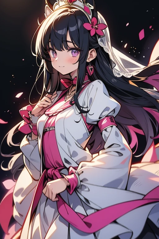 anime style, Rendering of anime girls, realistic young anime girl, Smooth anime CG art, smile, cute, purple eyes, small breasts, tall, Long straight hair、slanted eyes, wedding veil、Wedding dress, aldult, black hair, Looks embarrassed,
