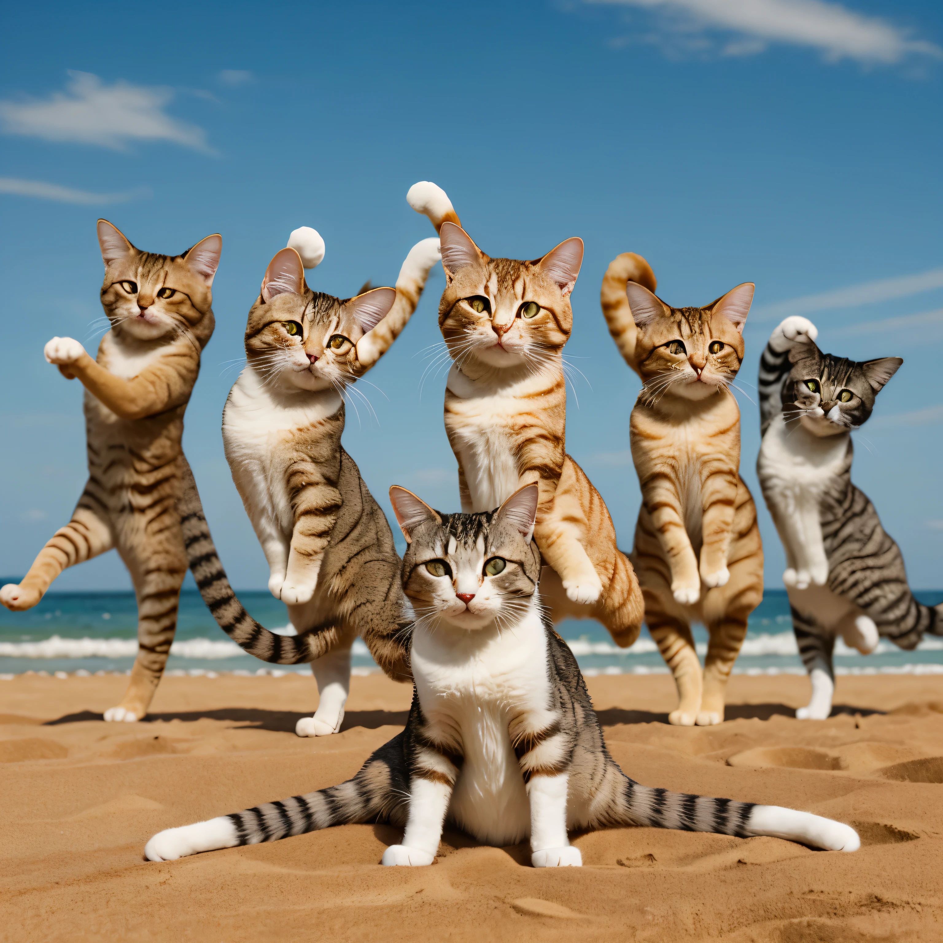 realistic cat gymnastics、Very realistic cat、dancing, thatぞれポーズが違います, that&#39;Looks like a dance studio, dynamic pose, Fierce dance, super fine、Finish as shown in the photo、8K、The background is a bright sandy beach、((blue sky))